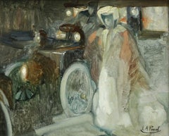 The Escort - 19th Century, Figures & Motor Vehicle in Street at Night by E Pavil