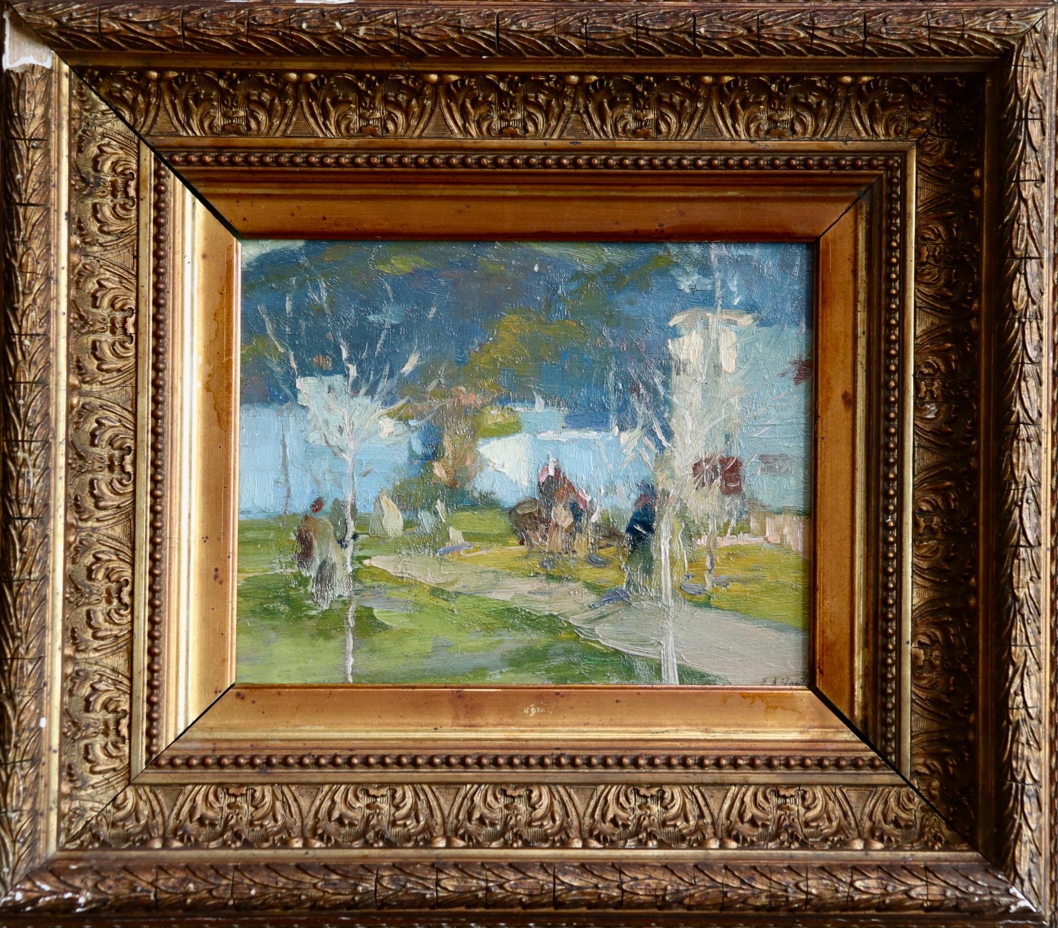 Signed and titled landscape oil on panel circa 1940 by Elie Anatole Pavil the Russian impressionist painter. The work depicts a view of Ouezzane, a town in northern Morocco. 

Signature:
Signed lower right and titled verso

Dimensions:
Framed: