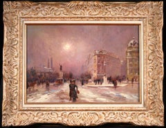 Huile impressionniste « Winter in Paris » (L'hiver à Paris), Figures dans un paysage urbain par Elie Anatole Pavil