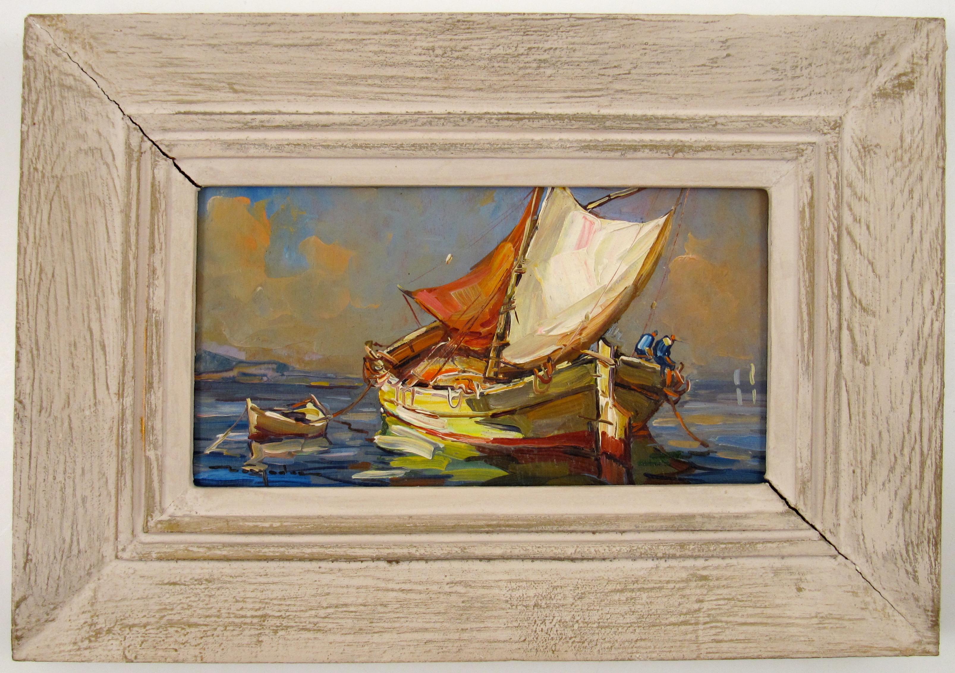 Élie Bernadac (1913 - 1999) La Tartane au Soleil St. Tropez France Peinture à l'huile - Painting de Elie Bernadac