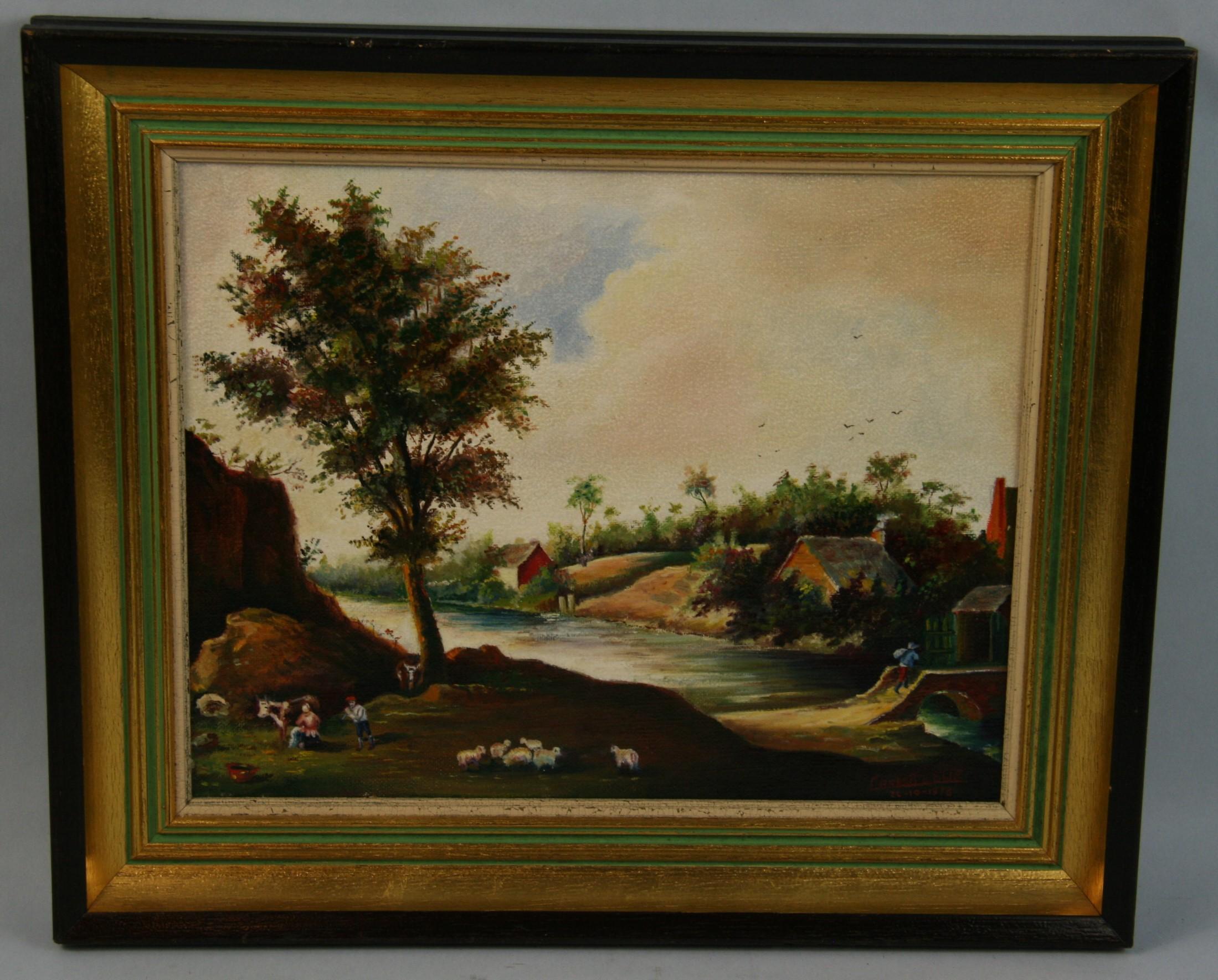 Vieille peinture à l'huile néerlandaise bucolique représentant des vaches et des moutons broutant, 1978 - Noir Landscape Painting par Elie Corrette