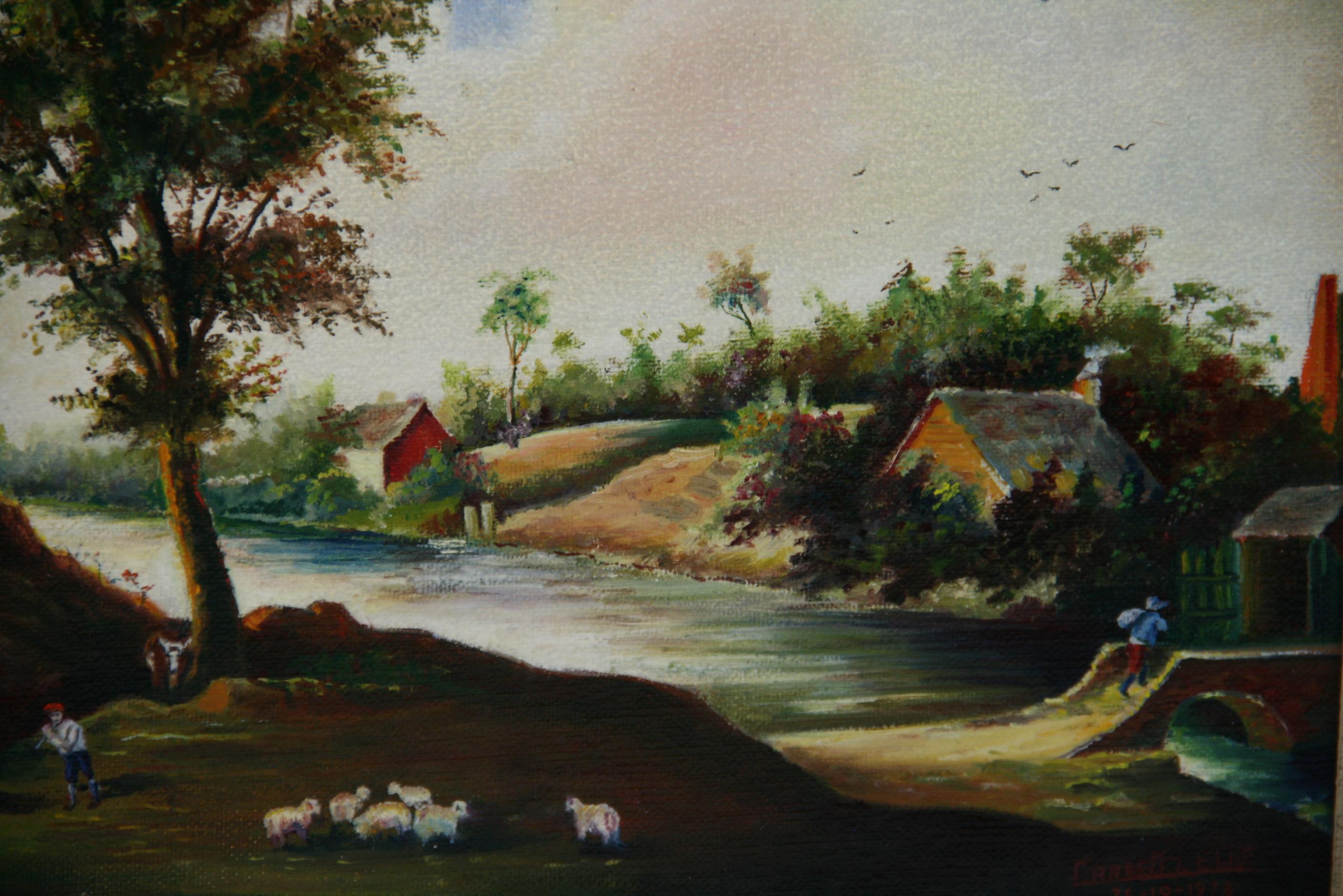 Vieille peinture à l'huile néerlandaise bucolique représentant des vaches et des moutons broutant, 1978 en vente 1
