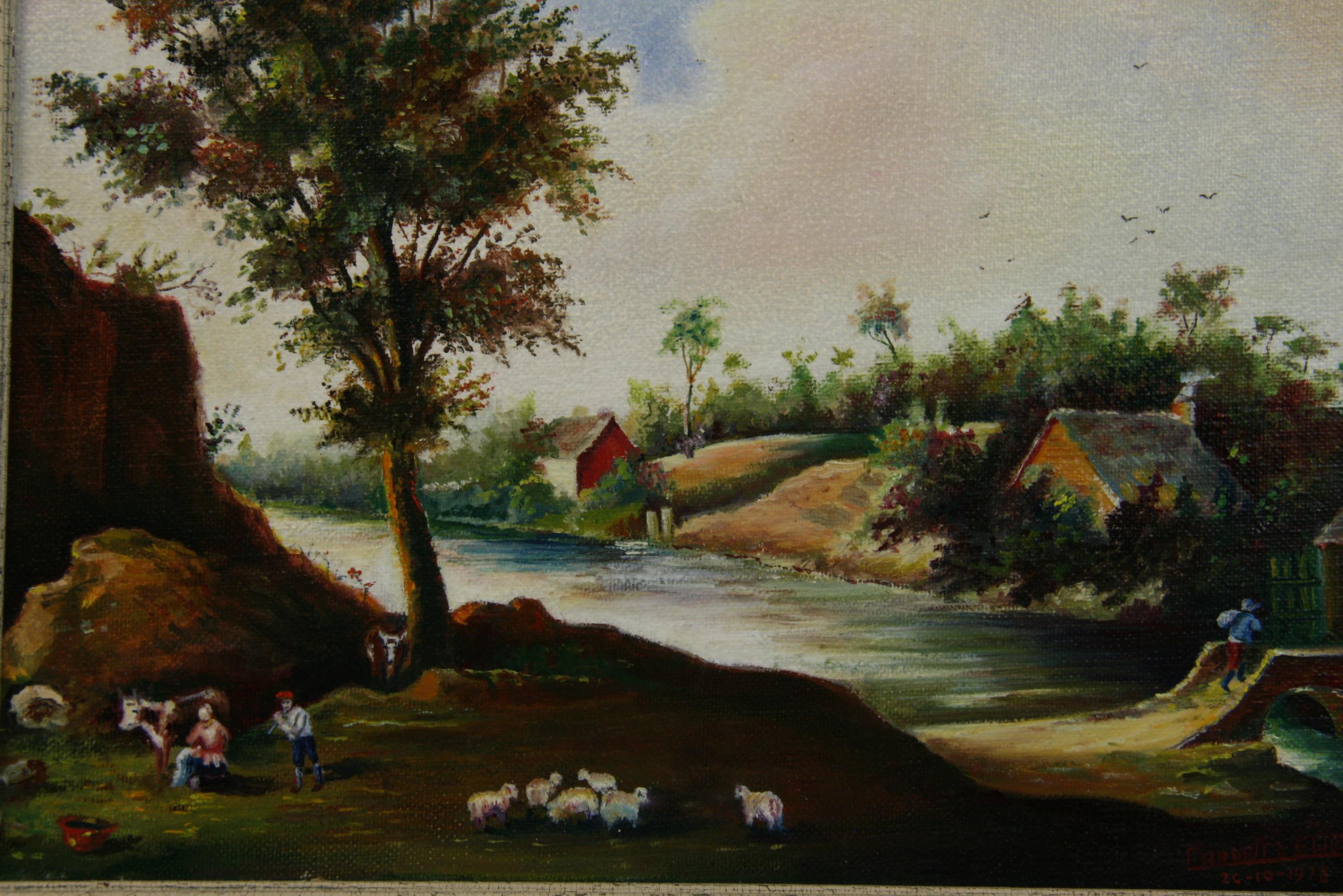 Vieille peinture à l'huile néerlandaise bucolique représentant des vaches et des moutons broutant, 1978 en vente 3