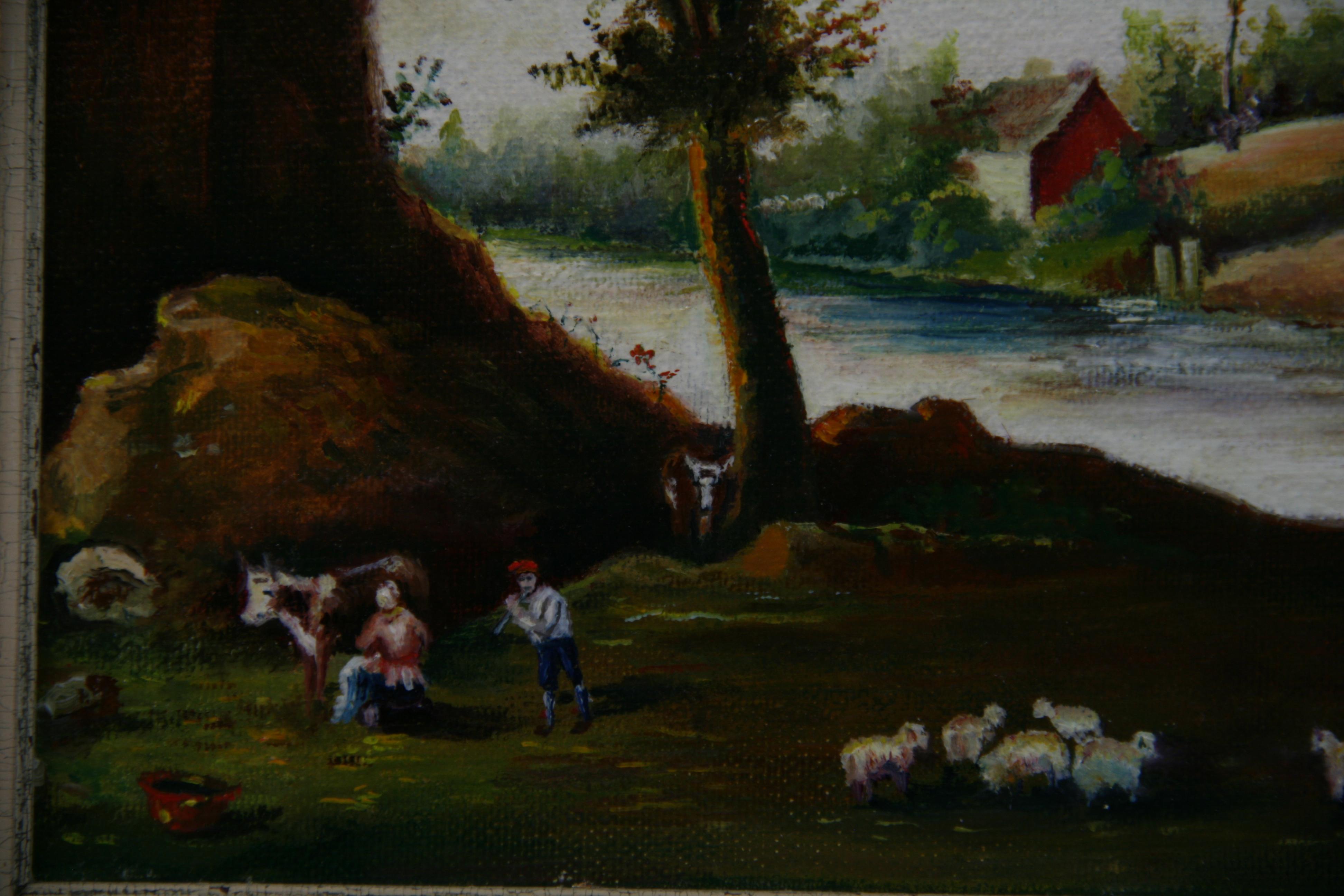 Vieille peinture à l'huile néerlandaise bucolique représentant des vaches et des moutons broutant, 1978 en vente 4
