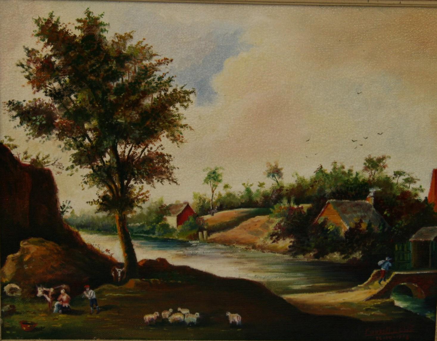 Paisaje bucólico holandés vintage con vacas y ovejas pastando Pintura al óleo 1978