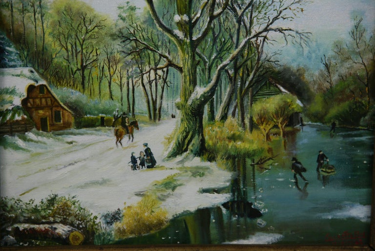 Vintage Dutch Winter Scene Landscape 1982 - Black Landscape Painting by Elie Corrette