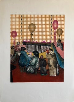 Grande aquatinte israélienne d'Israélienne Figurative Circus Monde Balloons abstraits