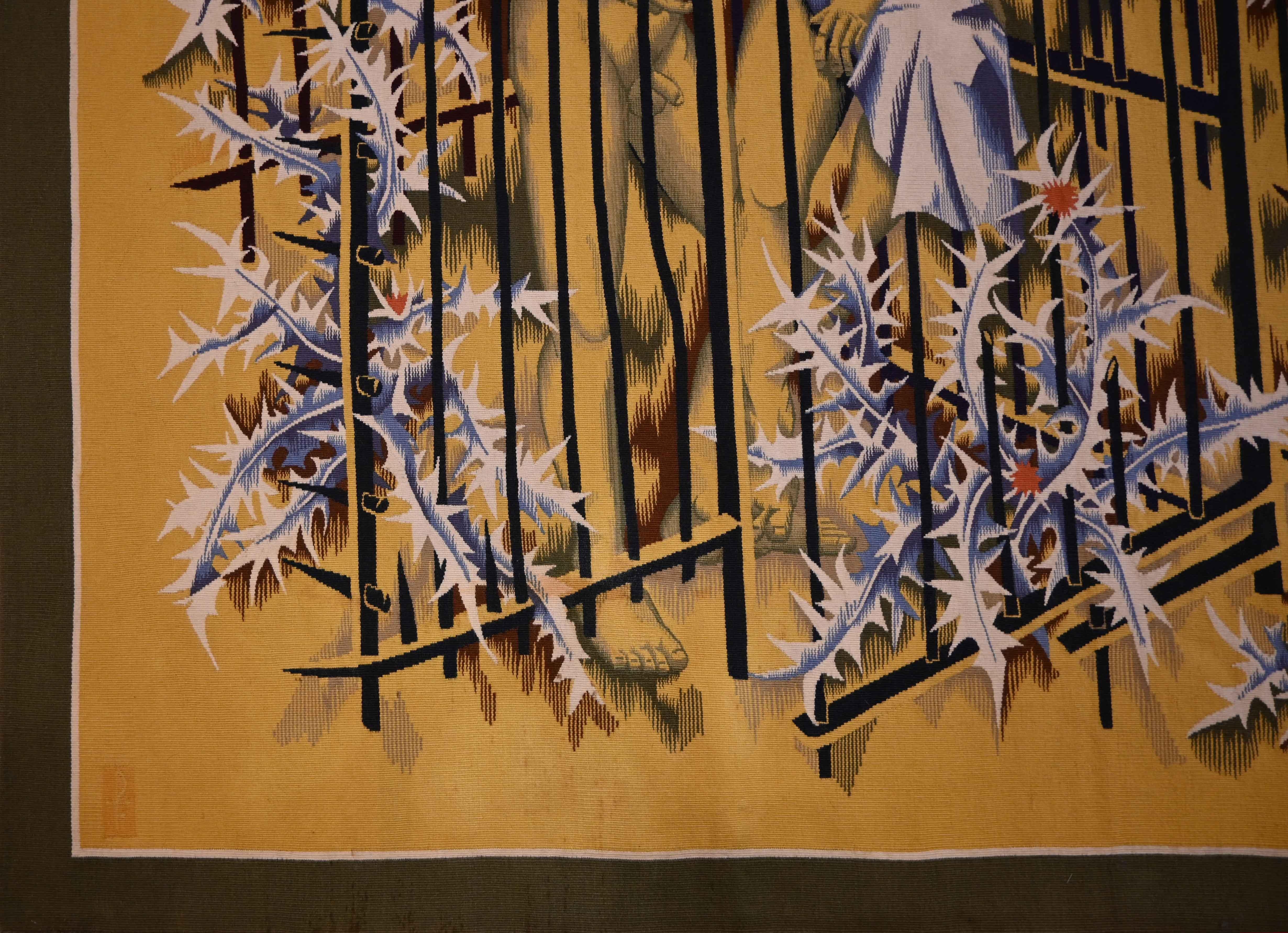 French Elie Grekoff - des adolescents en cage  Modern french tapestry  N° 1363 For Sale