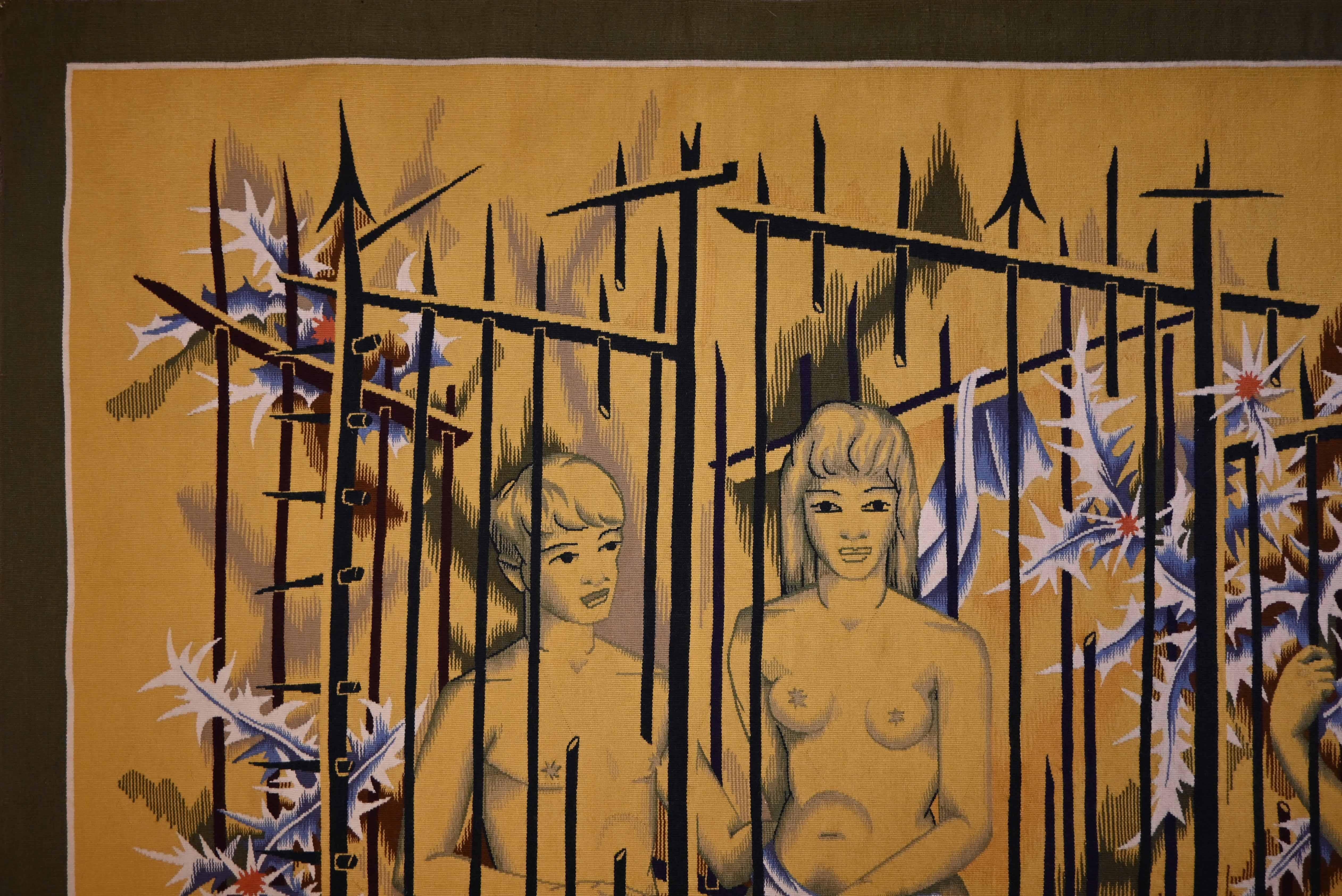 Elie Grekoff - des Adolescents en cage  Tapisserie française moderne  N° 1363 Excellent état - En vente à Paris, FR