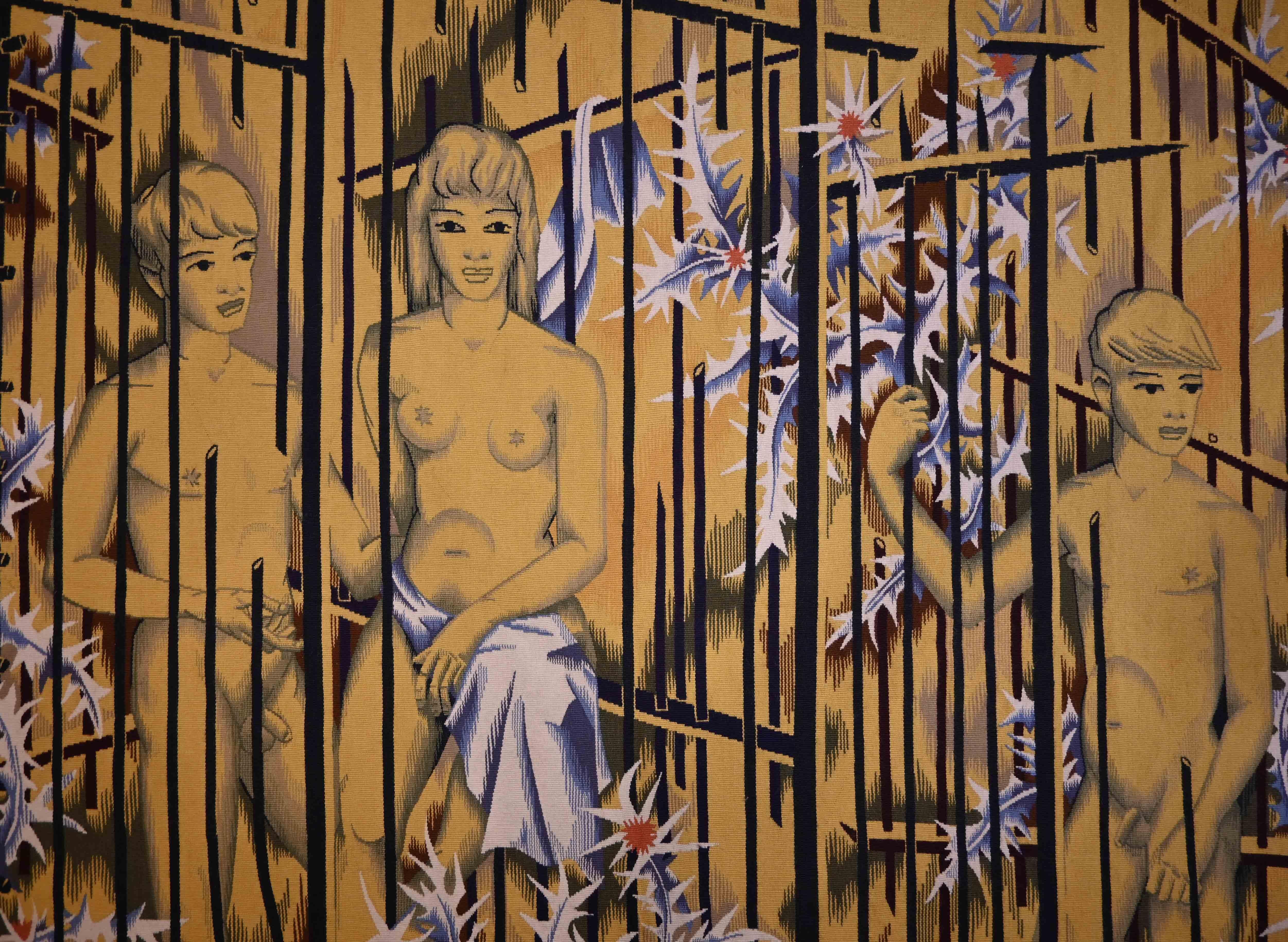 Elie Grekoff - der Jugendliche im Käfig  Moderner französischer Wandteppich  N° 1363 im Angebot 1