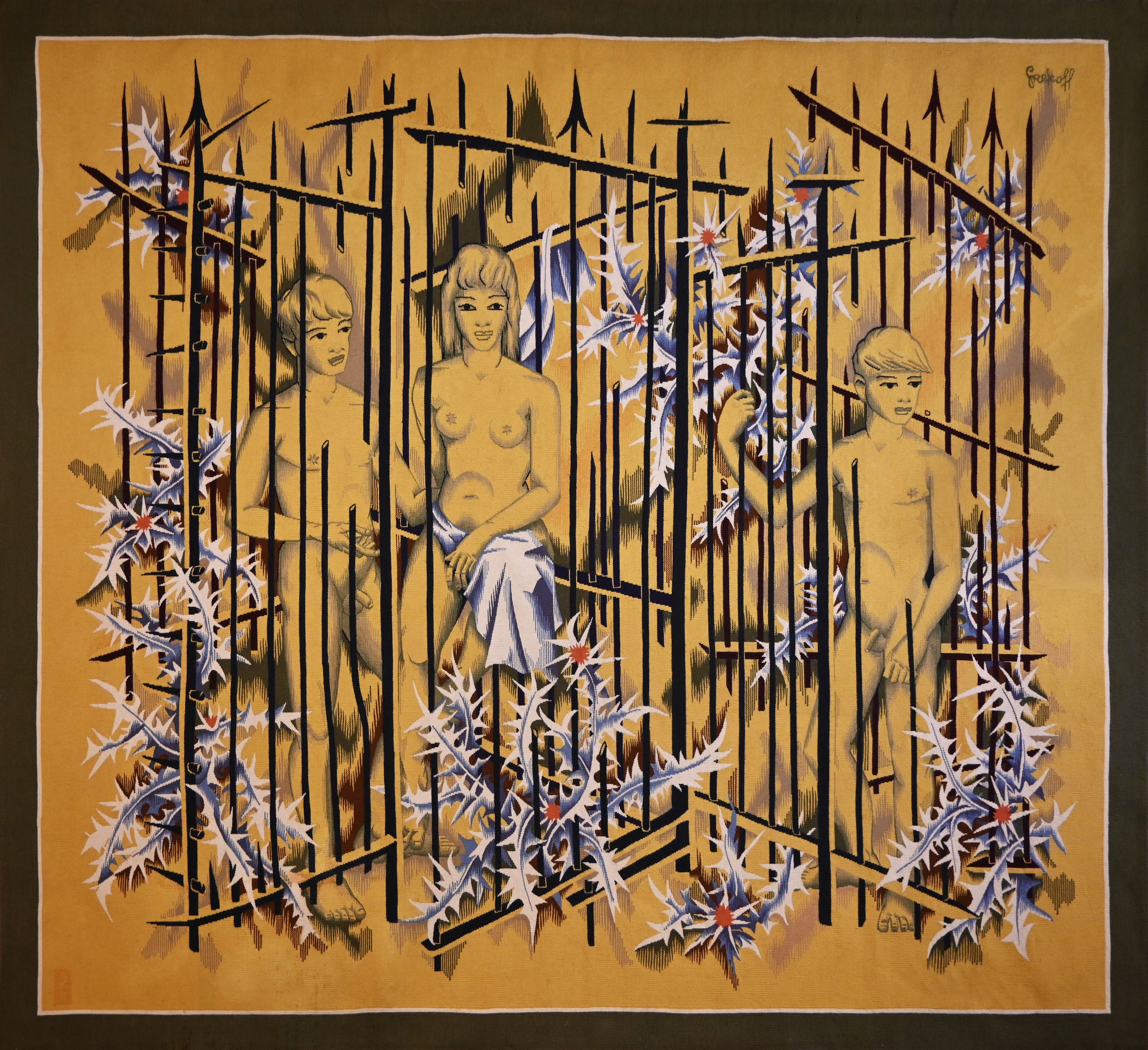 Elie Grekoff - des adolescents en cage  Modern french tapestry  N° 1363 For Sale