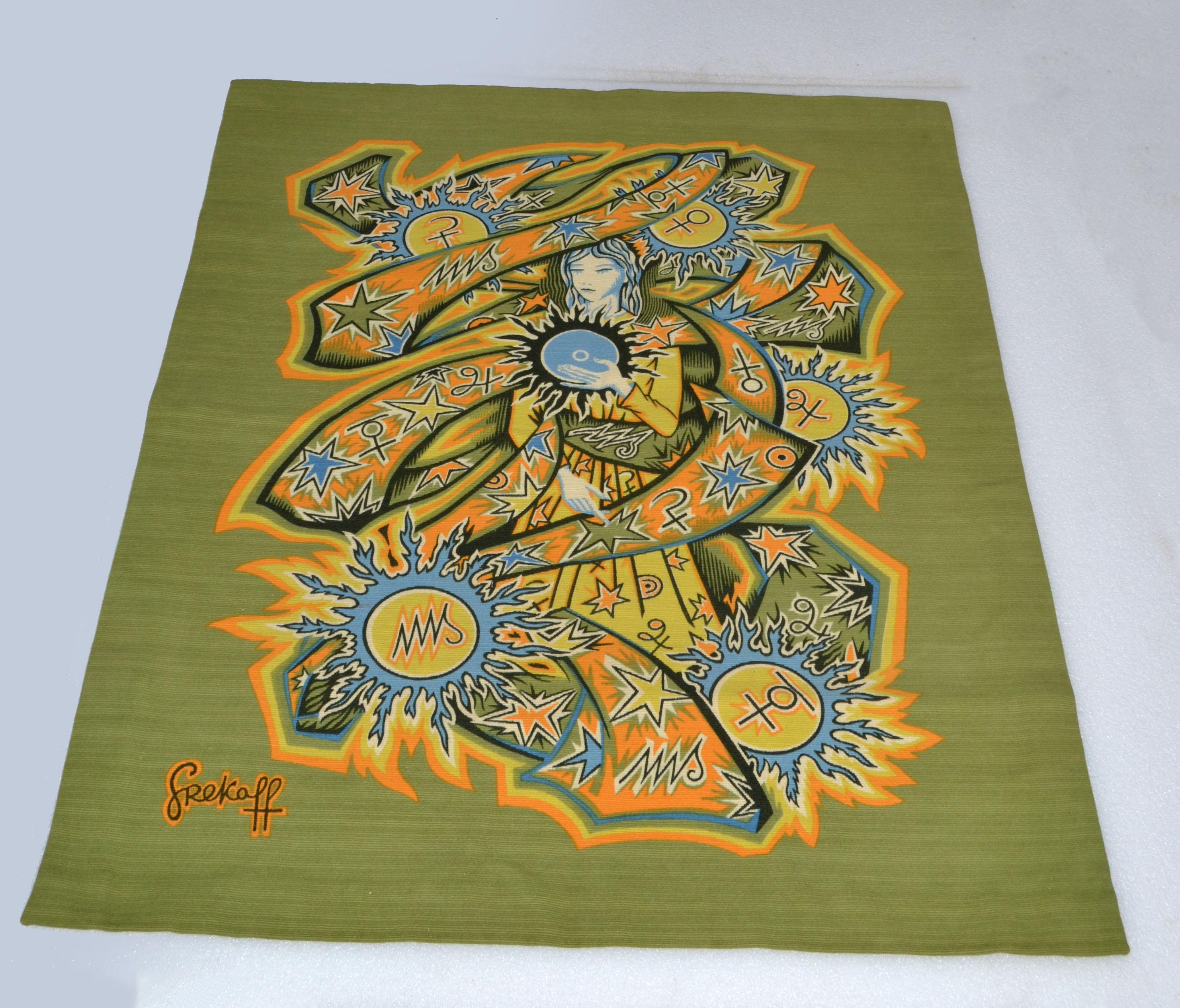 Mid-20th Century Original Marked Elie Grekoff Cotton & Wool Textile Tapestry France 1950 For Sale