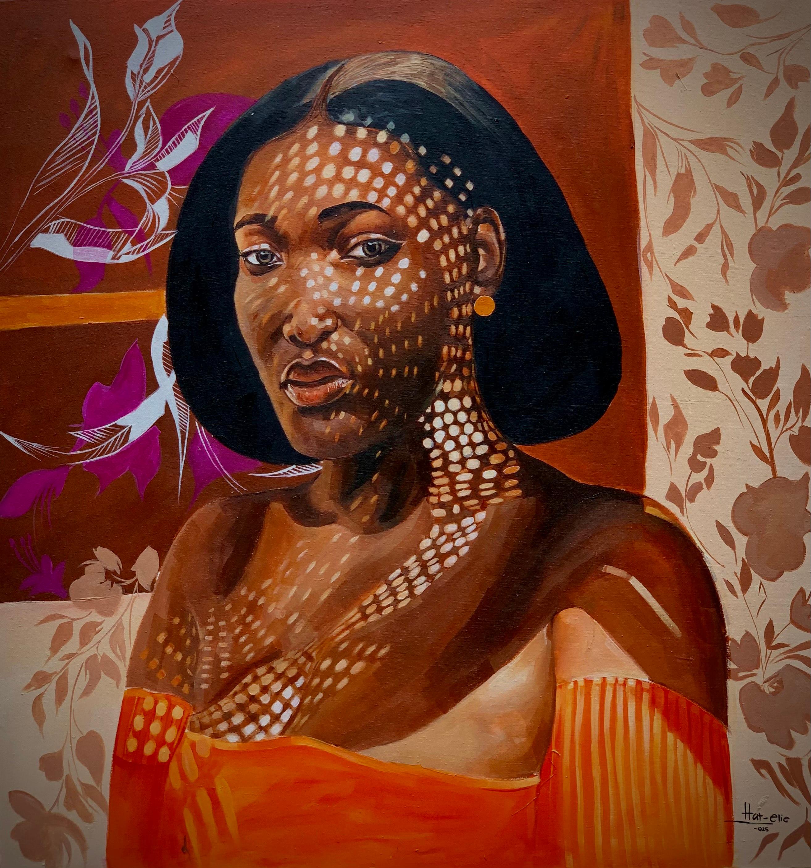 Portrait Painting di Elie HATUNGIMANA - Ombre danzanti -21° Secolo, Contemporaneo, Ritratto figurativo, Moda, Donne