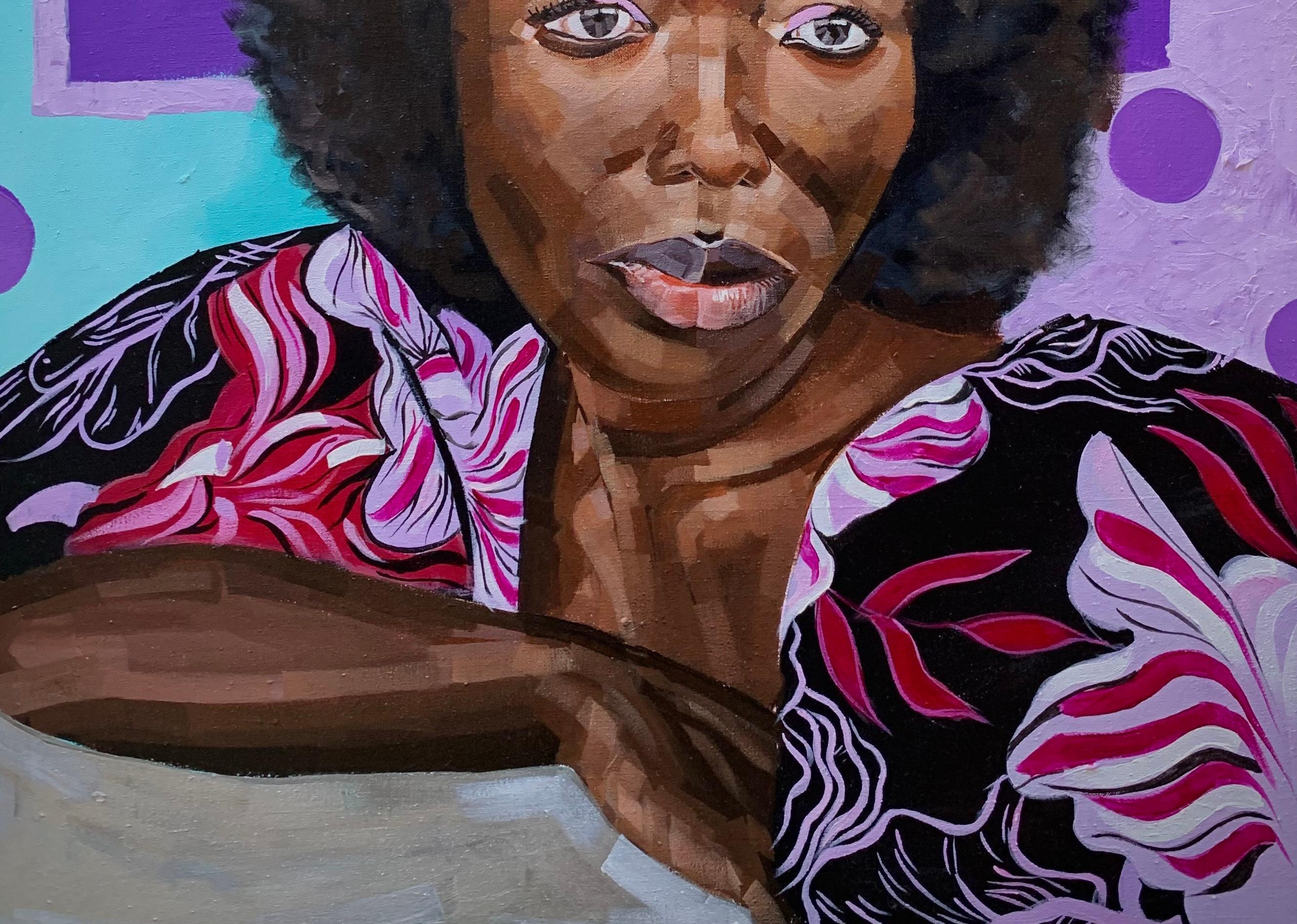Encadré en violet -21e siècle, Contemporain, Portrait figuratif, Femme moderne - Noir Figurative Painting par Elie HATUNGIMANA