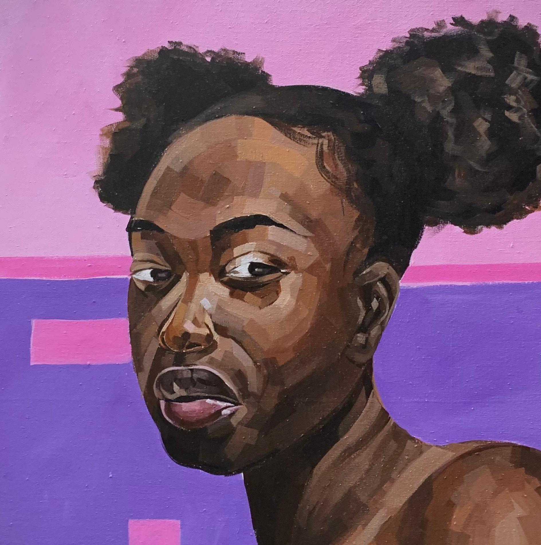 Matriarche -21e siècle, contemporain, portrait figuratif, mode, femmes modernes - Violet Portrait Painting par Elie HATUNGIMANA