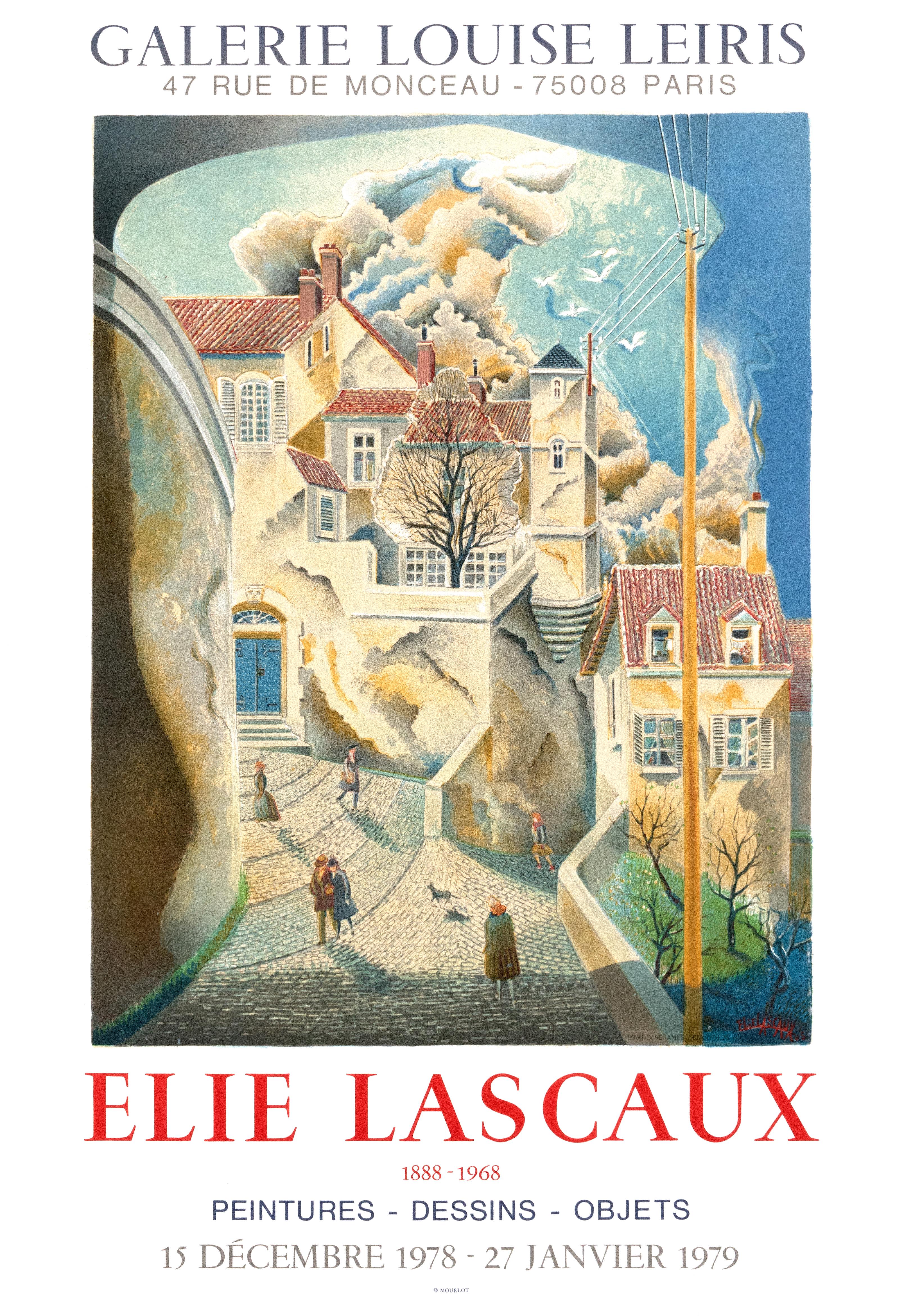 A beautiful exhibition poster for painter Elie Lascaux (1888-1968) at Galerie Louise Leiris, featuring a detailed and colorful village scene.  

In excellent condition. This is a vintage lithographic poster and is guaranteed to be an original. It is
