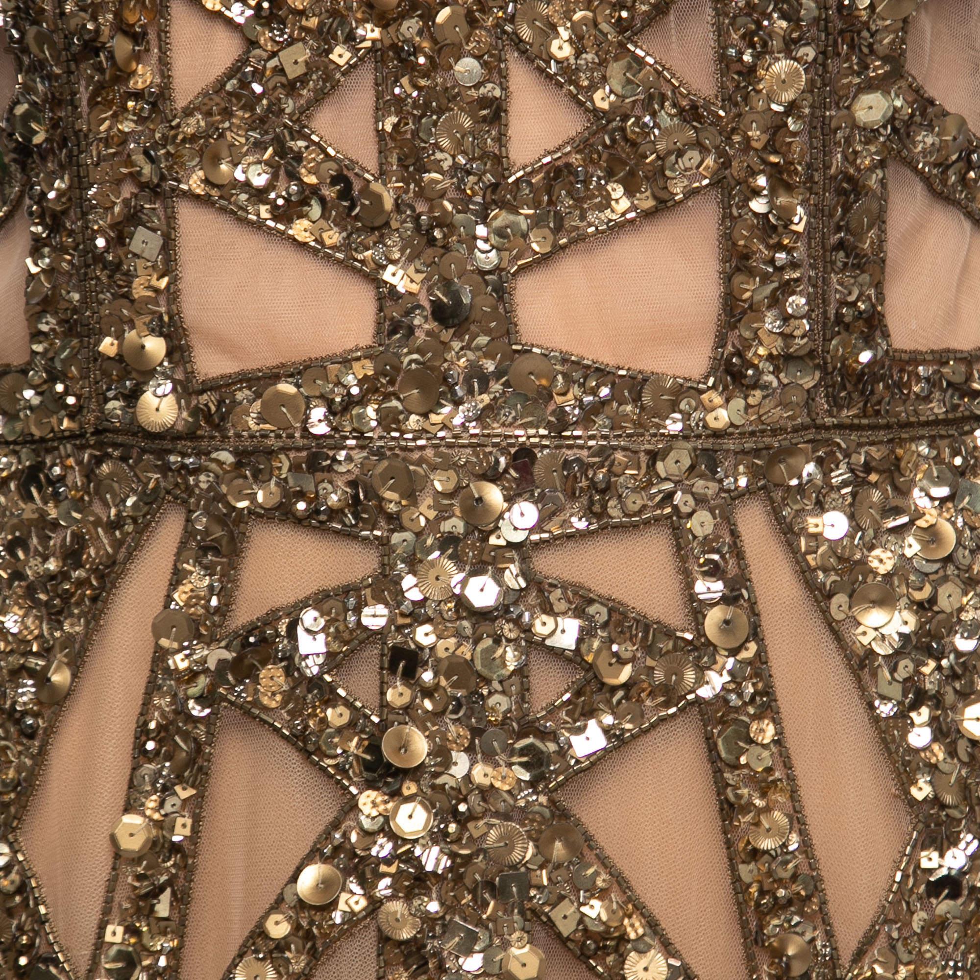 Elie Saab Beige Sequin Embellished Tulle Halter Neck Gown S In Excellent Condition In Dubai, Al Qouz 2