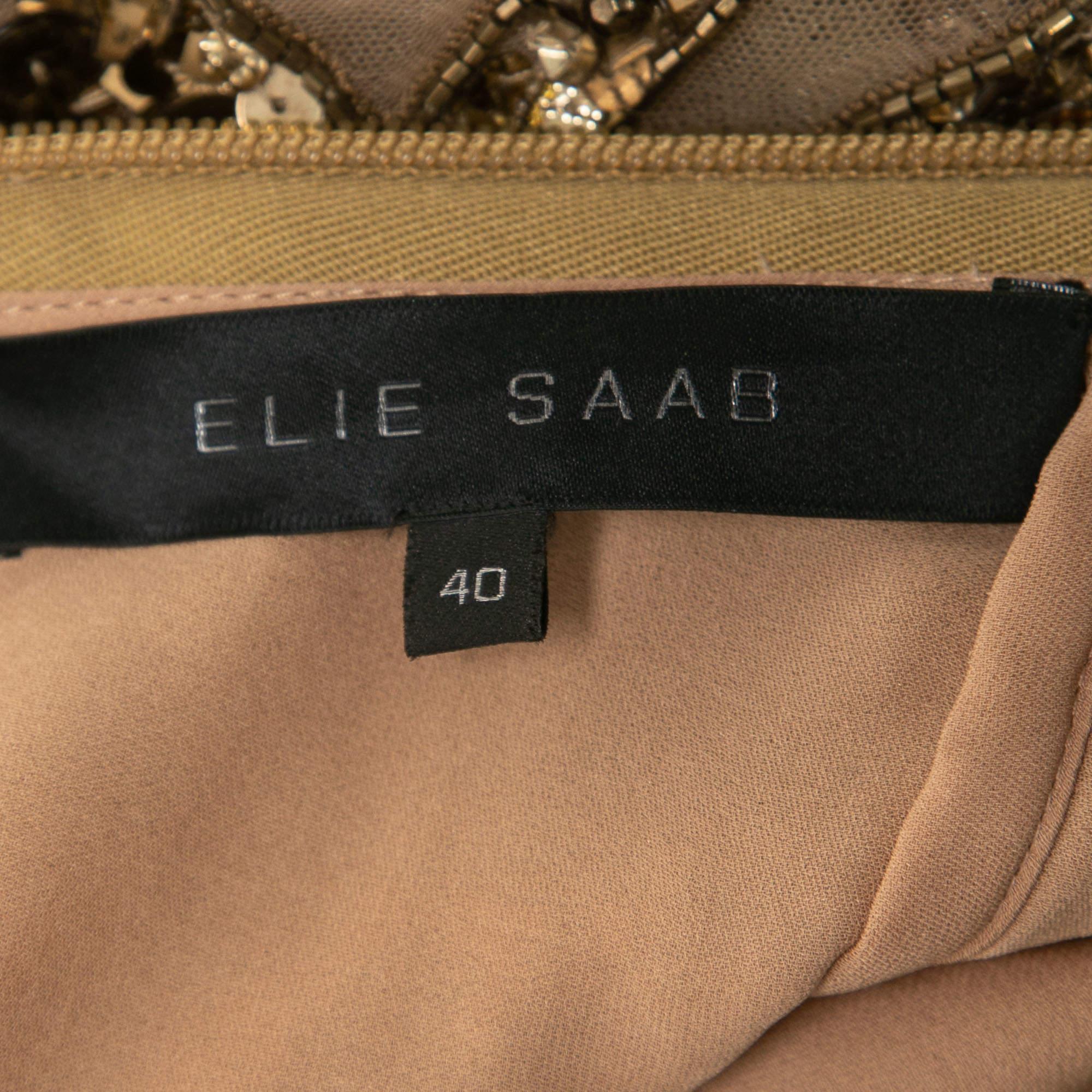 Elie Saab Beige Sequin Embellished Tulle Halter Neck Gown S 2