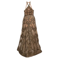 Elie Saab - Robe en tulle beige à col bénitier ornée de paillettes S