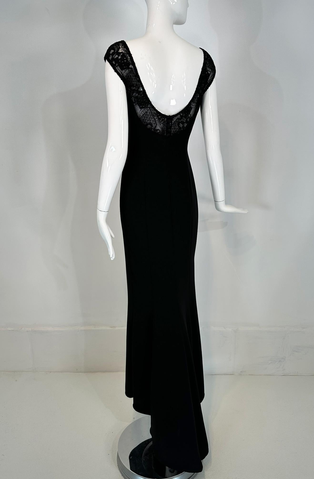 Elie Saab Black Beaded Lace Off the Shoulder Empire Bodice Crepe Gown & Train 42 For Sale 6