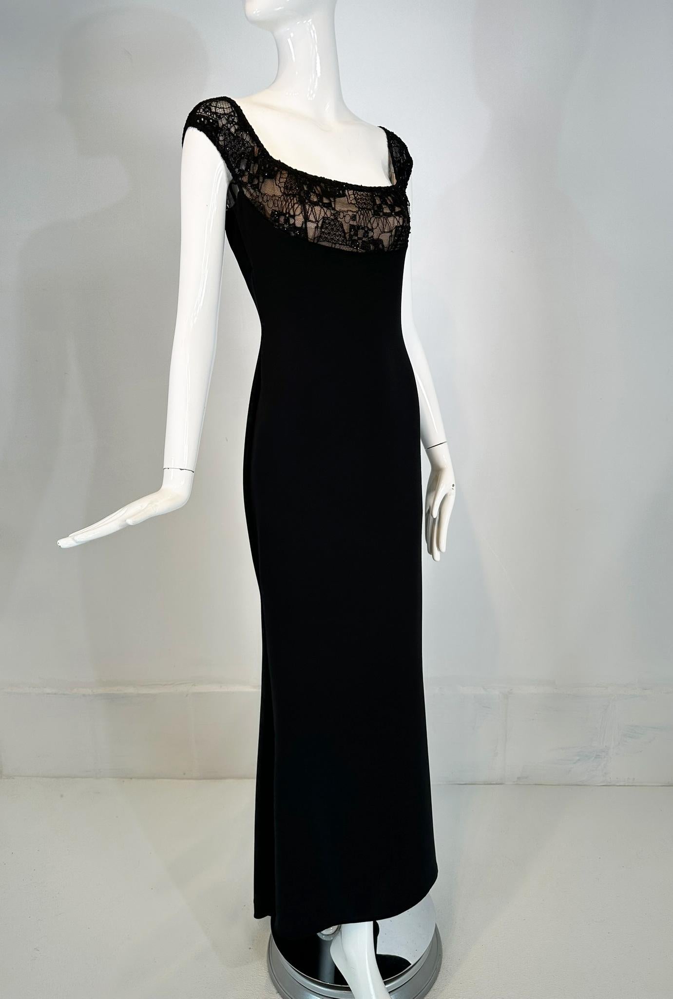 Elie Saab black beaded lace off the shoulder empire bodice crepe gown with a short train. Cap sleeve black beaded lace empire bodice is lined in nude nylon, the dress itself is black crepe and it skims the body flaring at the hem, with a short