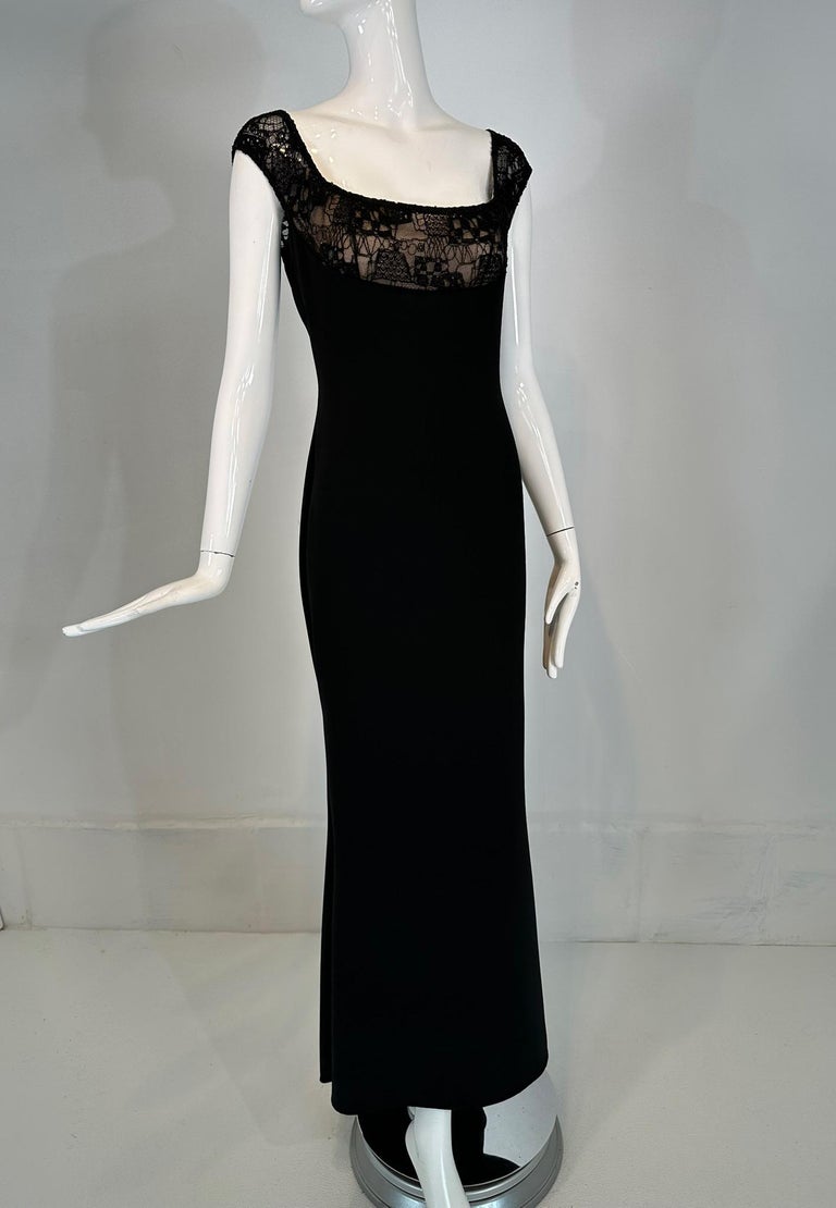 Elie Saab Black Beaded Lace Off the Shoulder Empire Bodice Crepe Gown and  Train 42 at 1stDibs