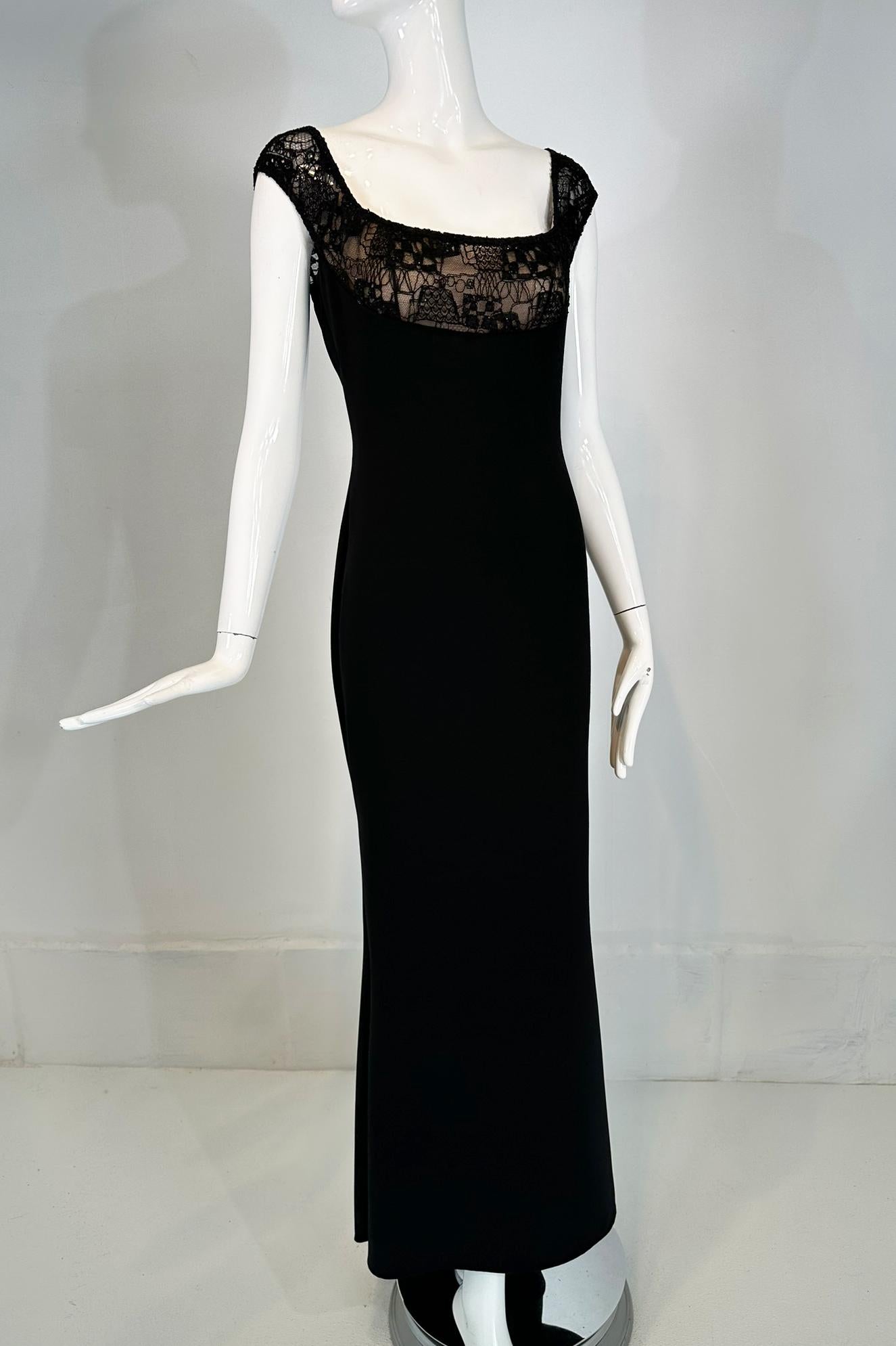 Women's Elie Saab Black Beaded Lace Off the Shoulder Empire Bodice Crepe Gown & Train 42 For Sale
