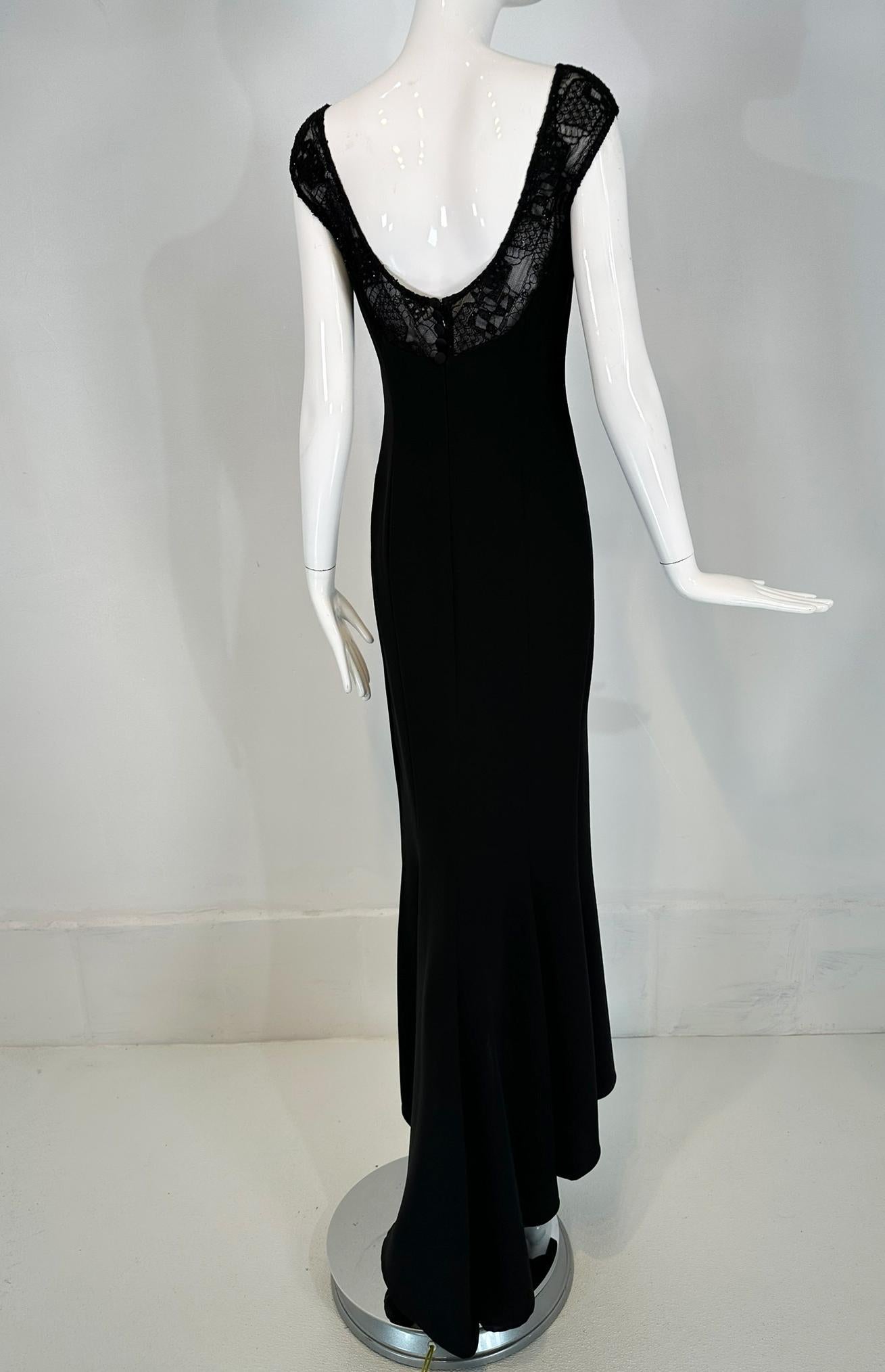 Elie Saab Black Beaded Lace Off the Shoulder Empire Bodice Crepe Gown & Train 42 For Sale 2