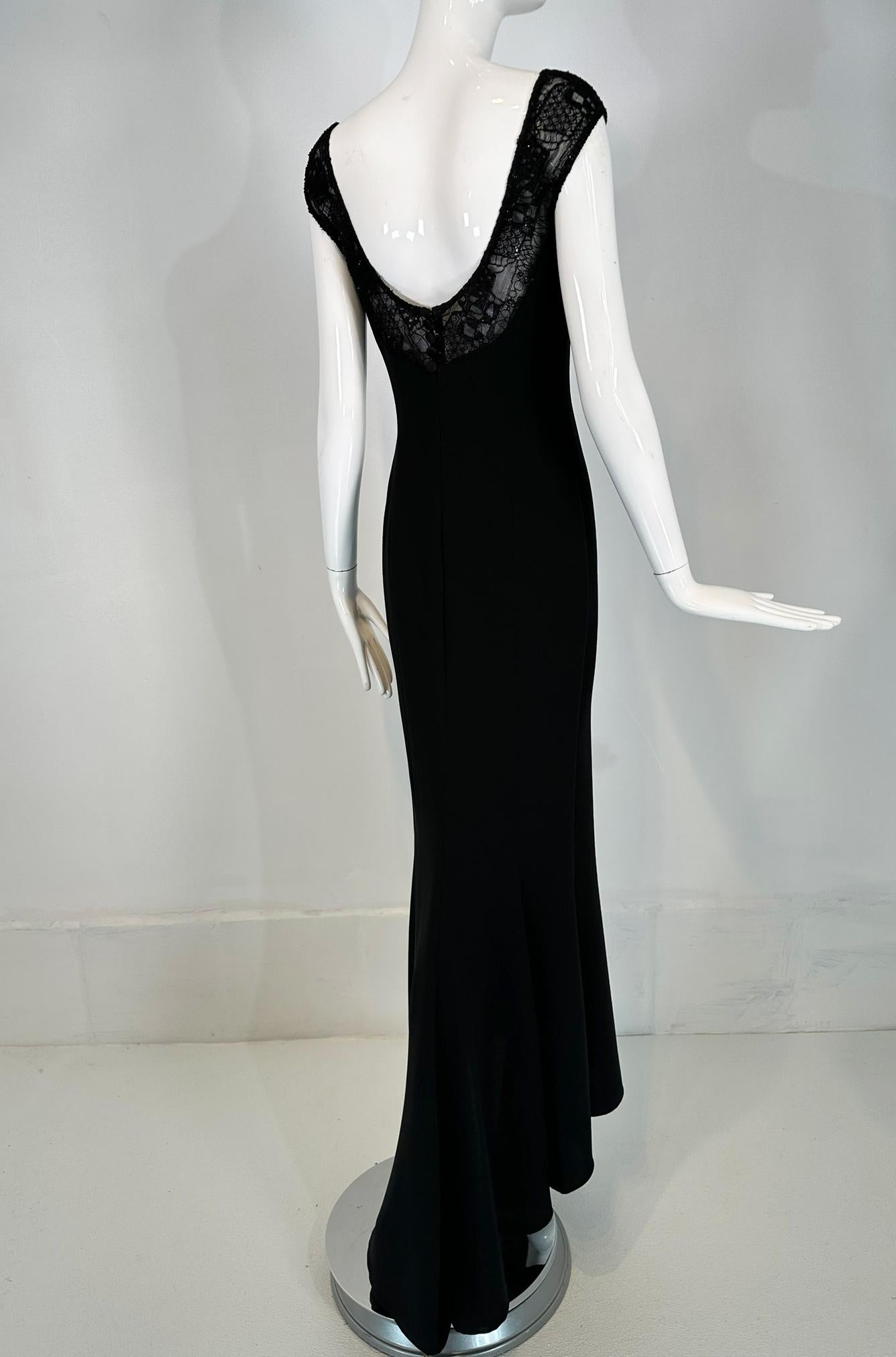 Elie Saab Black Beaded Lace Off the Shoulder Empire Bodice Crepe Gown & Train 42 For Sale 3