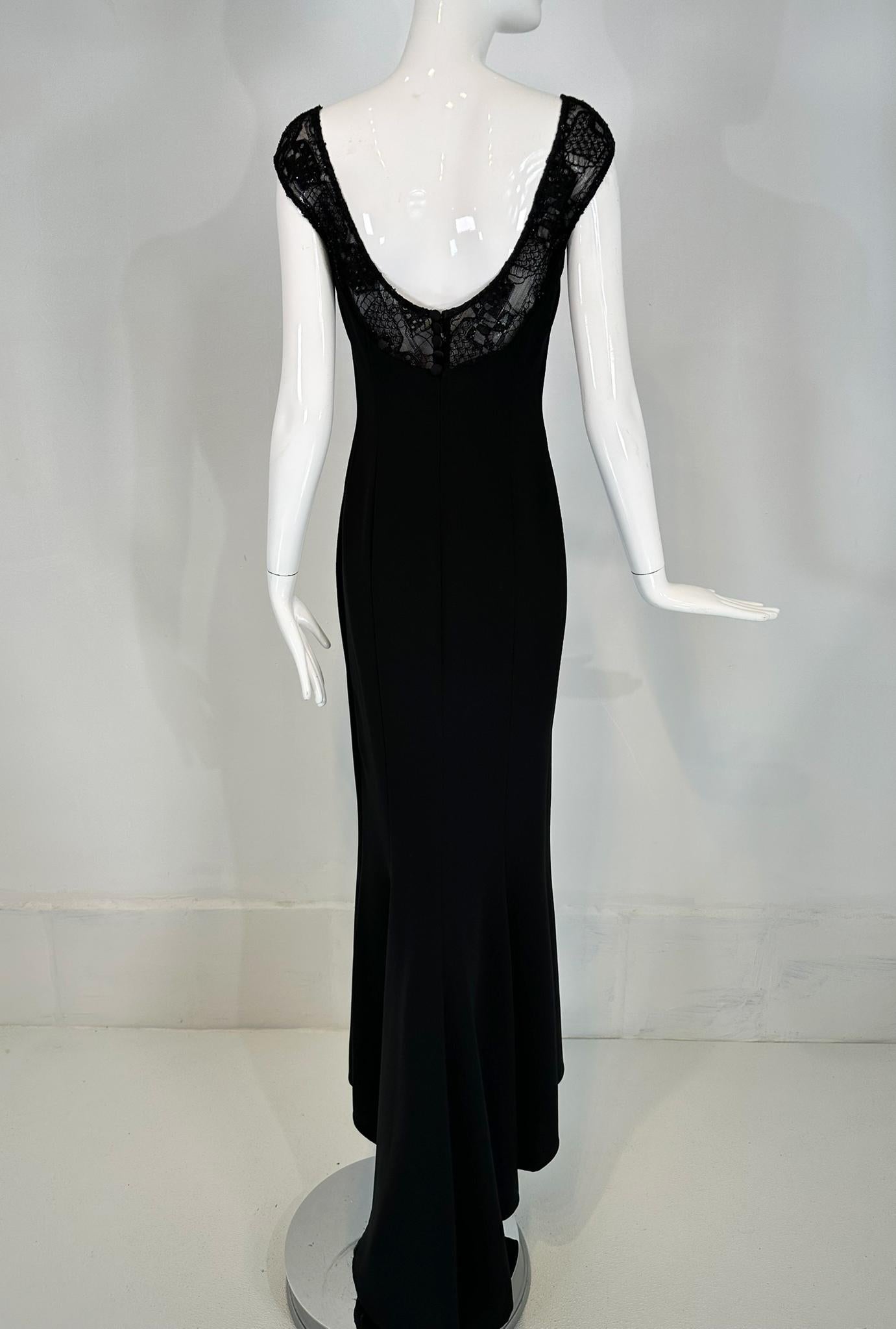 Elie Saab Black Beaded Lace Off the Shoulder Empire Bodice Crepe Gown & Train 42 For Sale 5