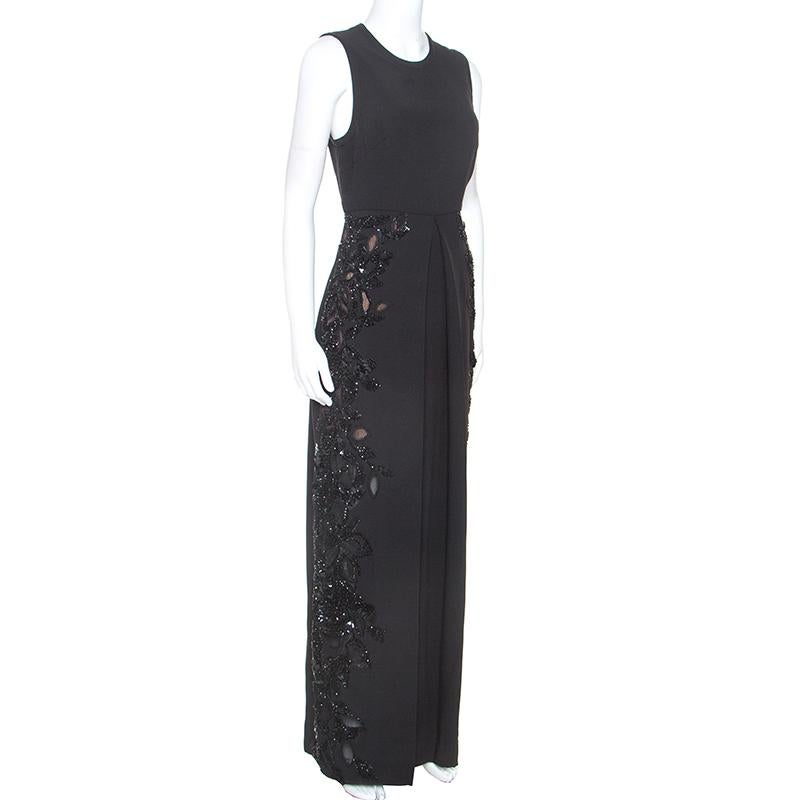 Elie Saab Black Crepe Tulle Embellished Sleeveless Maxi Gown S In Good Condition In Dubai, Al Qouz 2