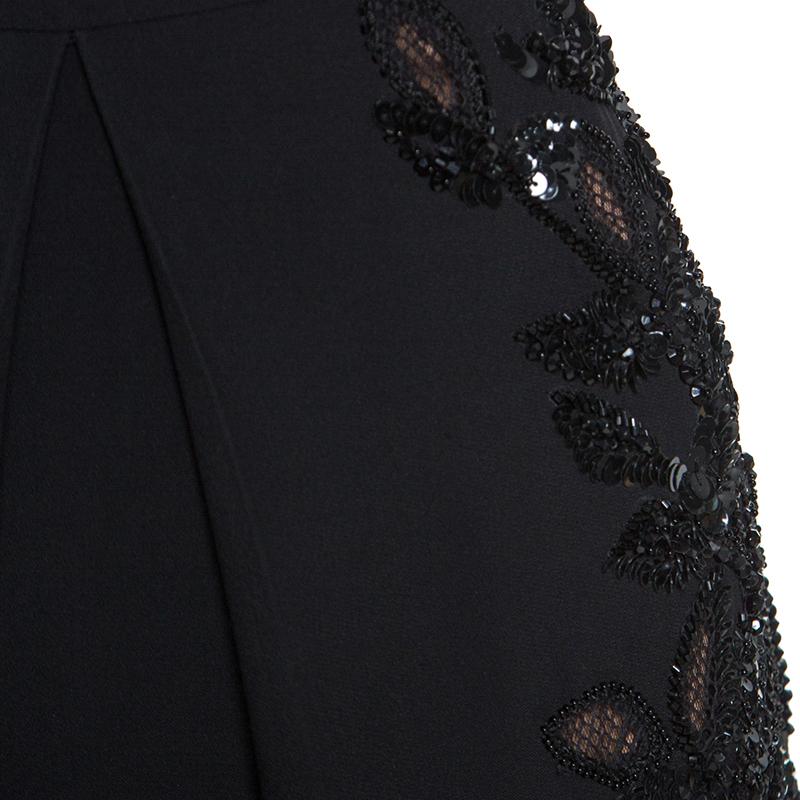 Women's Elie Saab Black Crepe Tulle Embellished Sleeveless Maxi Gown S