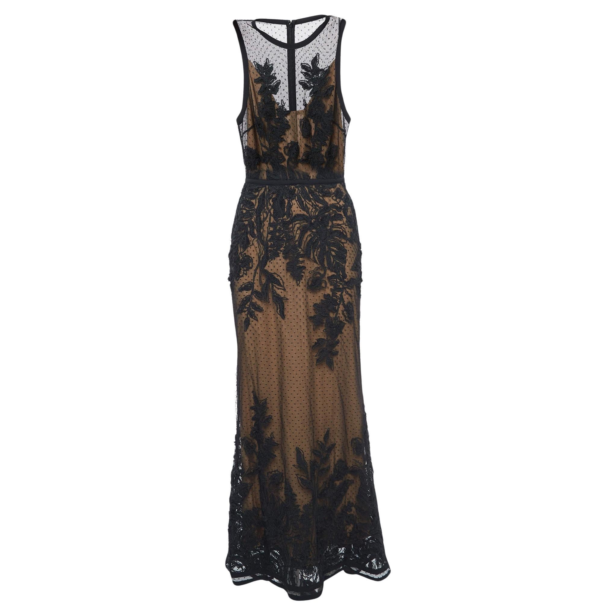 Elie Saab Black Embroidered Tulle Sleeveless Gown S