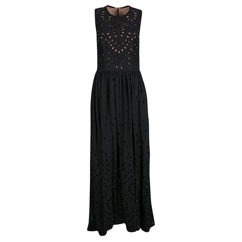 Elie Saab Black Eyelet Embroidered Gathered Sleeveless Maxi Dress S In Good Condition In Dubai, Al Qouz 2
