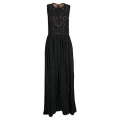 Elie Saab Black Eyelet Embroidered Gathered Sleeveless Maxi Dress S