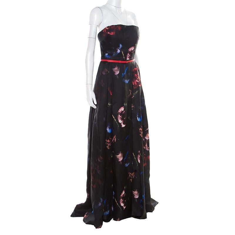 Elie Saab Black Floral Printed Silk Belted Strapless Gown S In Good Condition In Dubai, Al Qouz 2