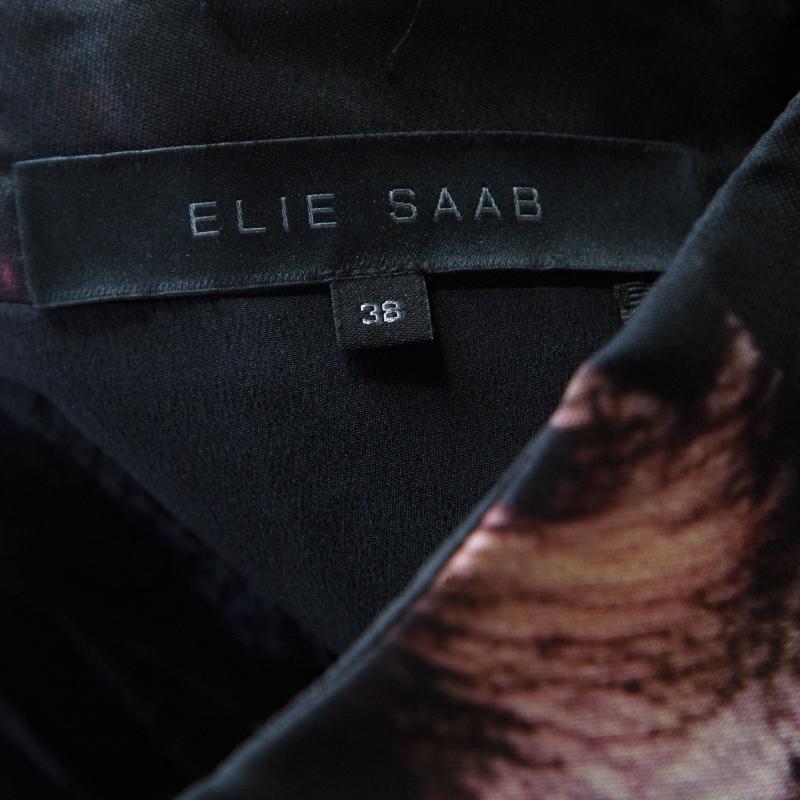 Elie Saab Black Floral Printed Silk Belted Strapless Gown S 2