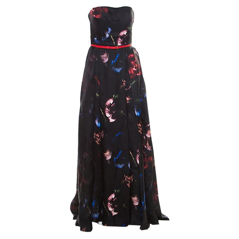 Elie Saab Black Floral Printed Silk Belted Strapless Gown S
