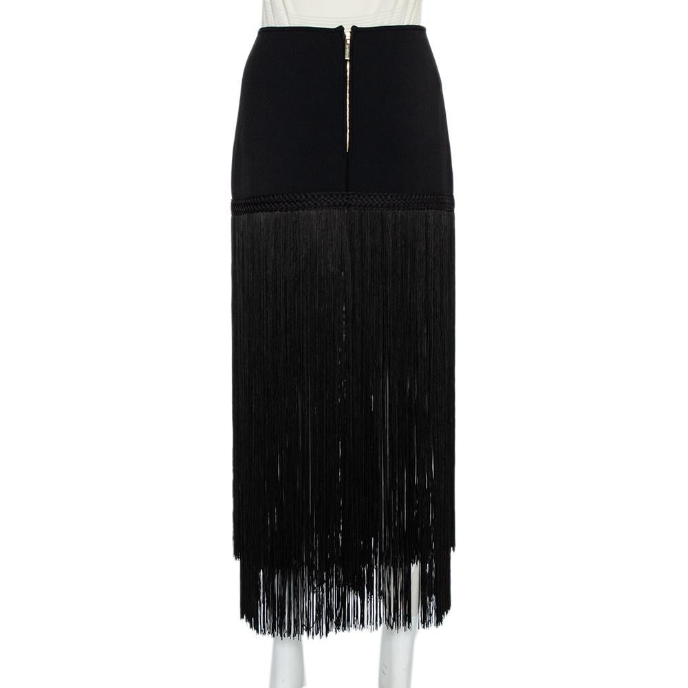 Women's Elie Saab Black Knit Tasseled Midi Skirt S