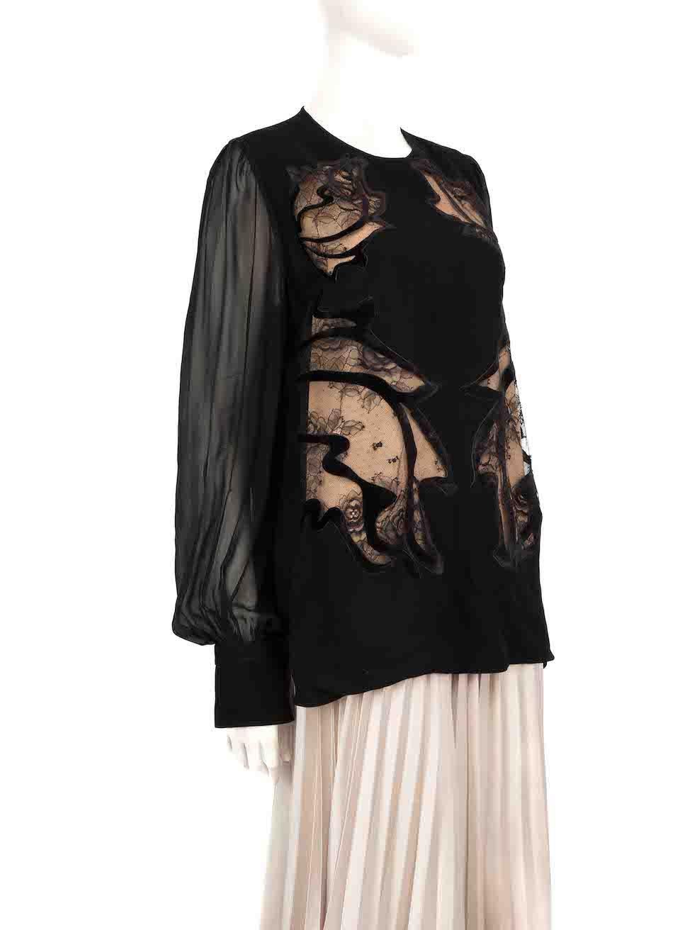 CONDITION is Very good. Hardly any visible wear to blouse is evident on this used Elie Saab designer resale item.
 
 
 
 Details
 
 
 Black
 
 Viscose
 
 Blouse
 
 Lace sheer panels
 
 Long sheer puff sleeves
 
 Buttoned cuffs
 
 Blouse is lined and