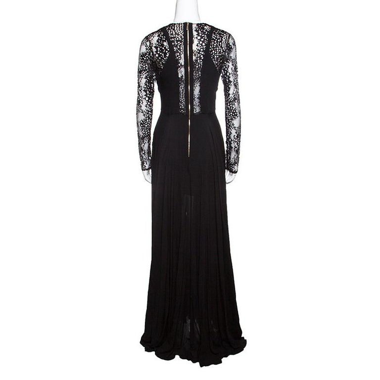 Elie Saab Black Lace Paneled Plunge Neck Long Sleeve Gown M For Sale at ...
