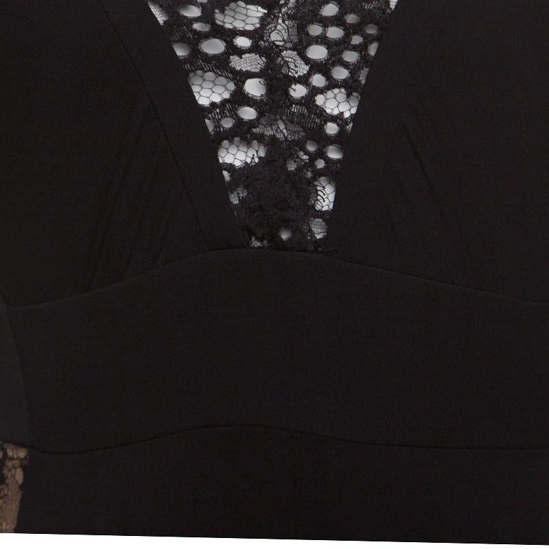 Women's Elie Saab Black Lace Paneled Plunge Neck Long Sleeve Gown M