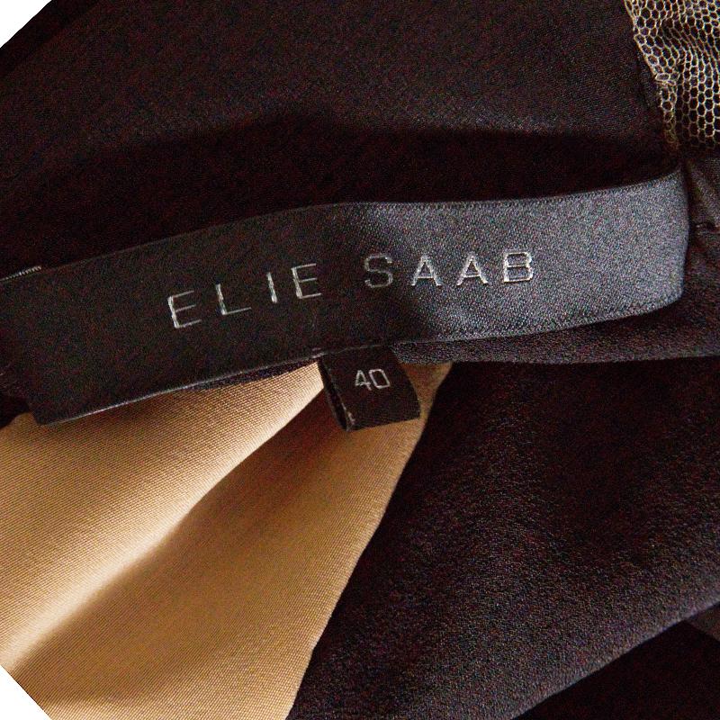 Elie Saab Black Lace Paneled Plunge Neck Long Sleeve Gown M 1