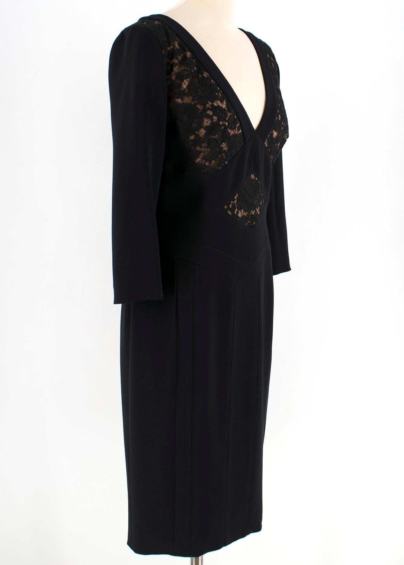 Elie Saab Black Lace Panelled Double Zip Dress 

Black mid sleeve dress with a deep v-neck 
Gold-tone centre back double zip closure
Lace panels to the bust and back with a nude underlay
Straight hem
Fitted silhouette 

Measurements are taken laying