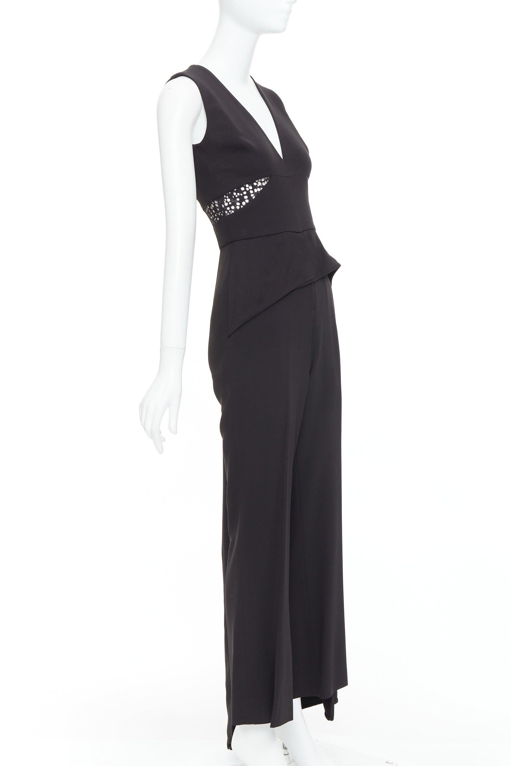 Black ELIE SAAB black sheer panels drape asymmetric V neck jumpsuit FR36 S For Sale