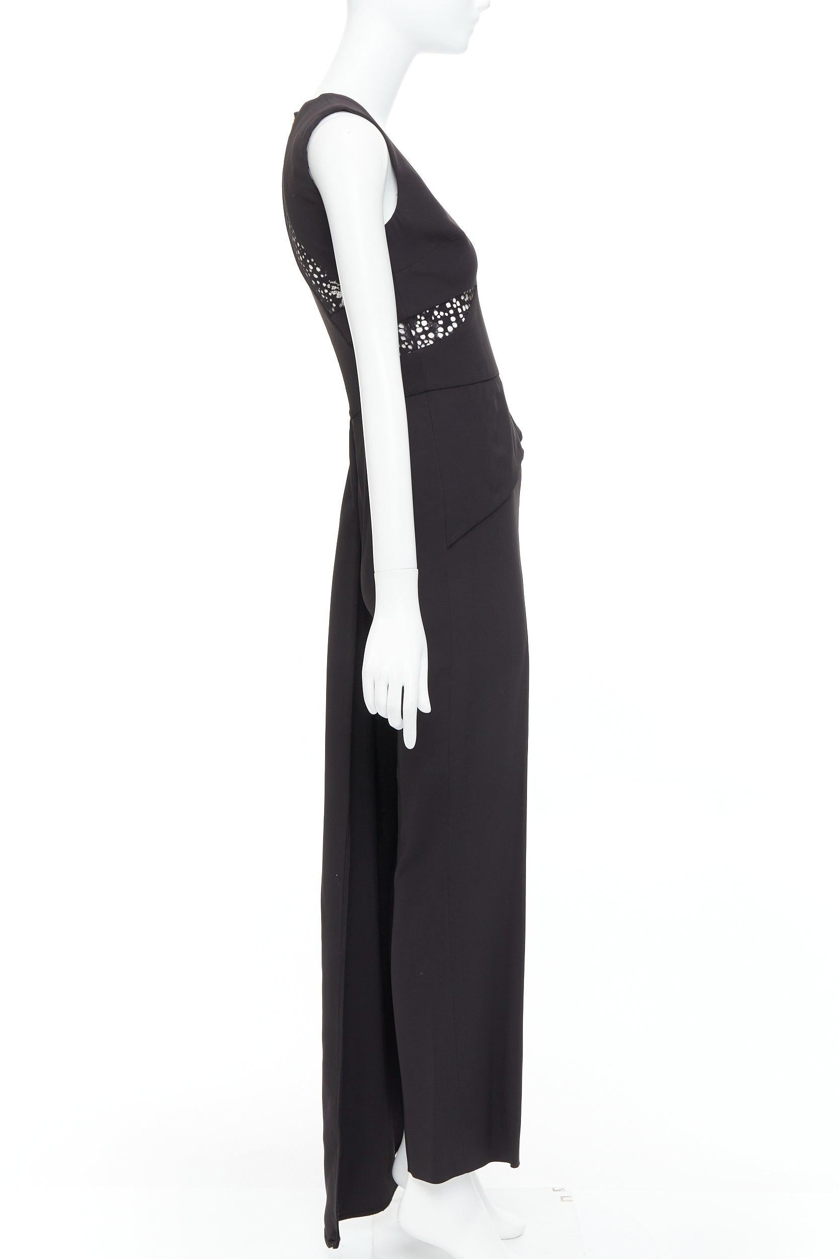 ELIE SAAB black sheer panels drape asymmetric V neck jumpsuit FR36 S In Good Condition For Sale In Hong Kong, NT