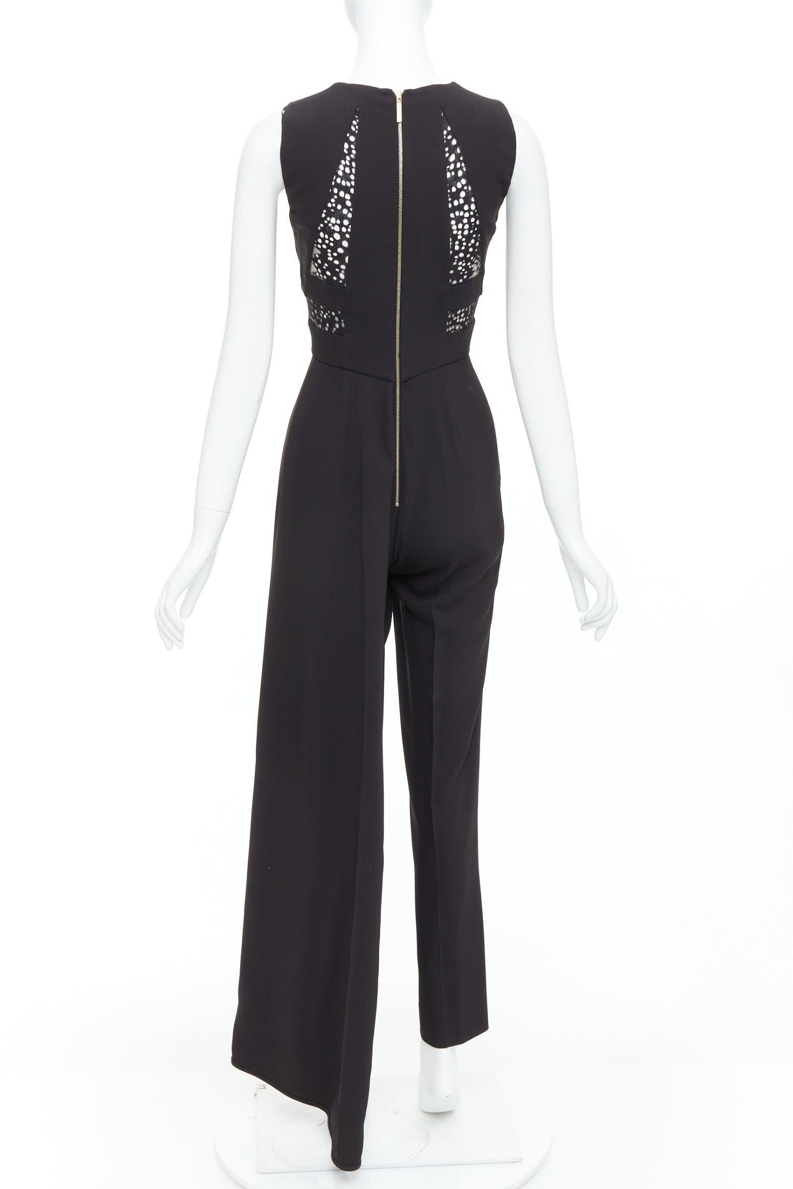Women's ELIE SAAB black sheer panels drape asymmetric V neck jumpsuit FR36 S For Sale