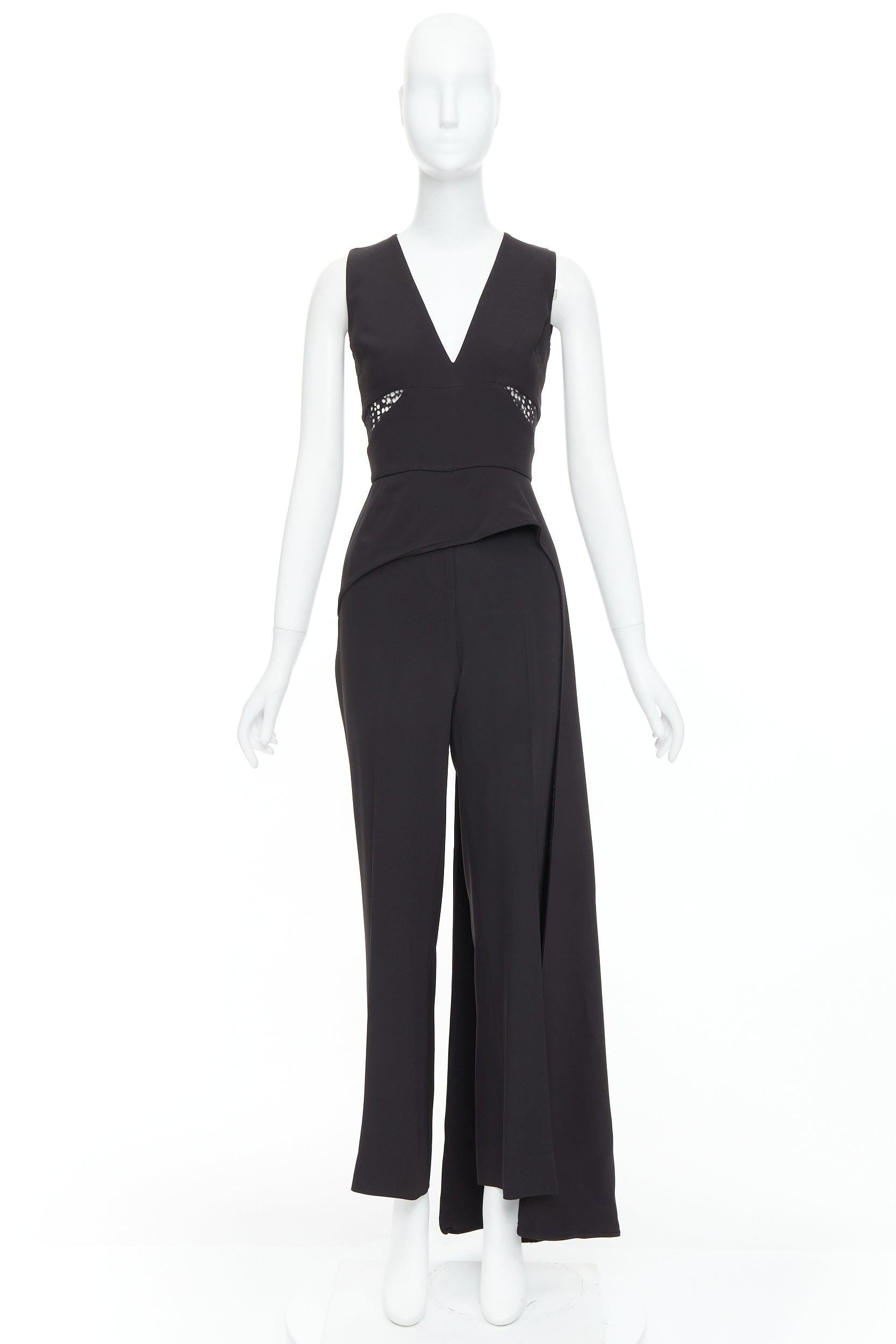 ELIE SAAB black sheer panels drape asymmetric V neck jumpsuit FR36 S For Sale 4