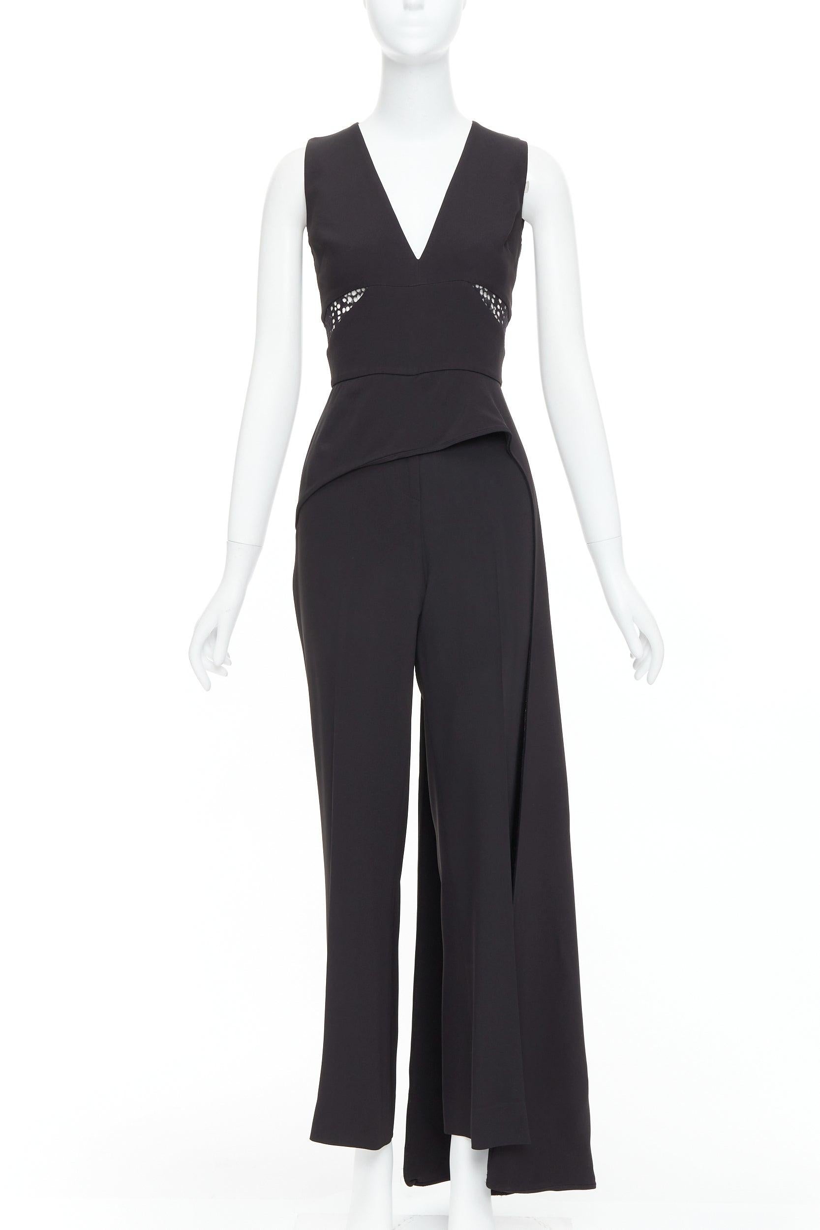 ELIE SAAB black sheer panels drape asymmetric V neck jumpsuit FR36 S For Sale
