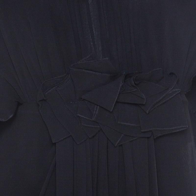 Women's Elie Saab Black Silk Chiffon Cape Sleeve Evening Gown L